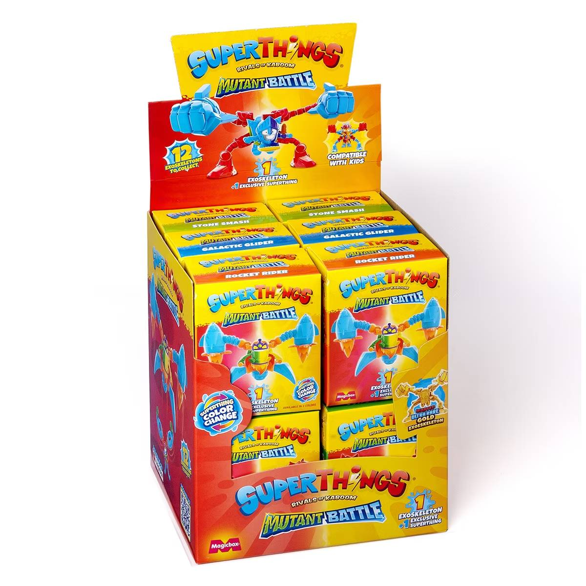 Caja expositora llena de coloridos juguetes SuperThings Mutant Battle.