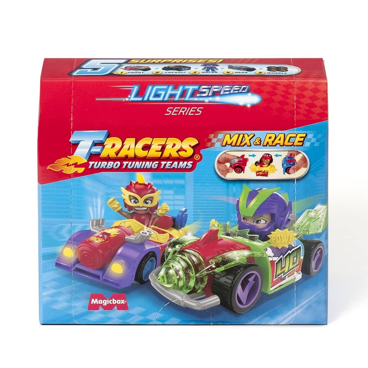 Embalaje de coche de juguete con dos coches de juguete y texto: Mix & Race.
