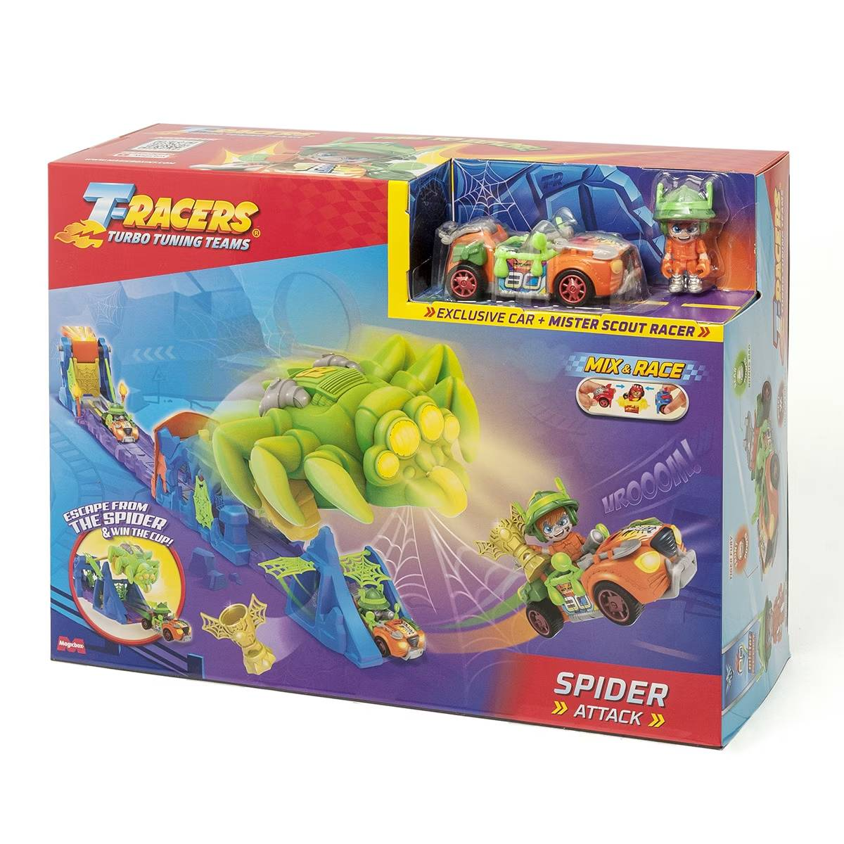 Caja de juguetes con tema de Ataque de Arañas, incluyendo coches y una araña.