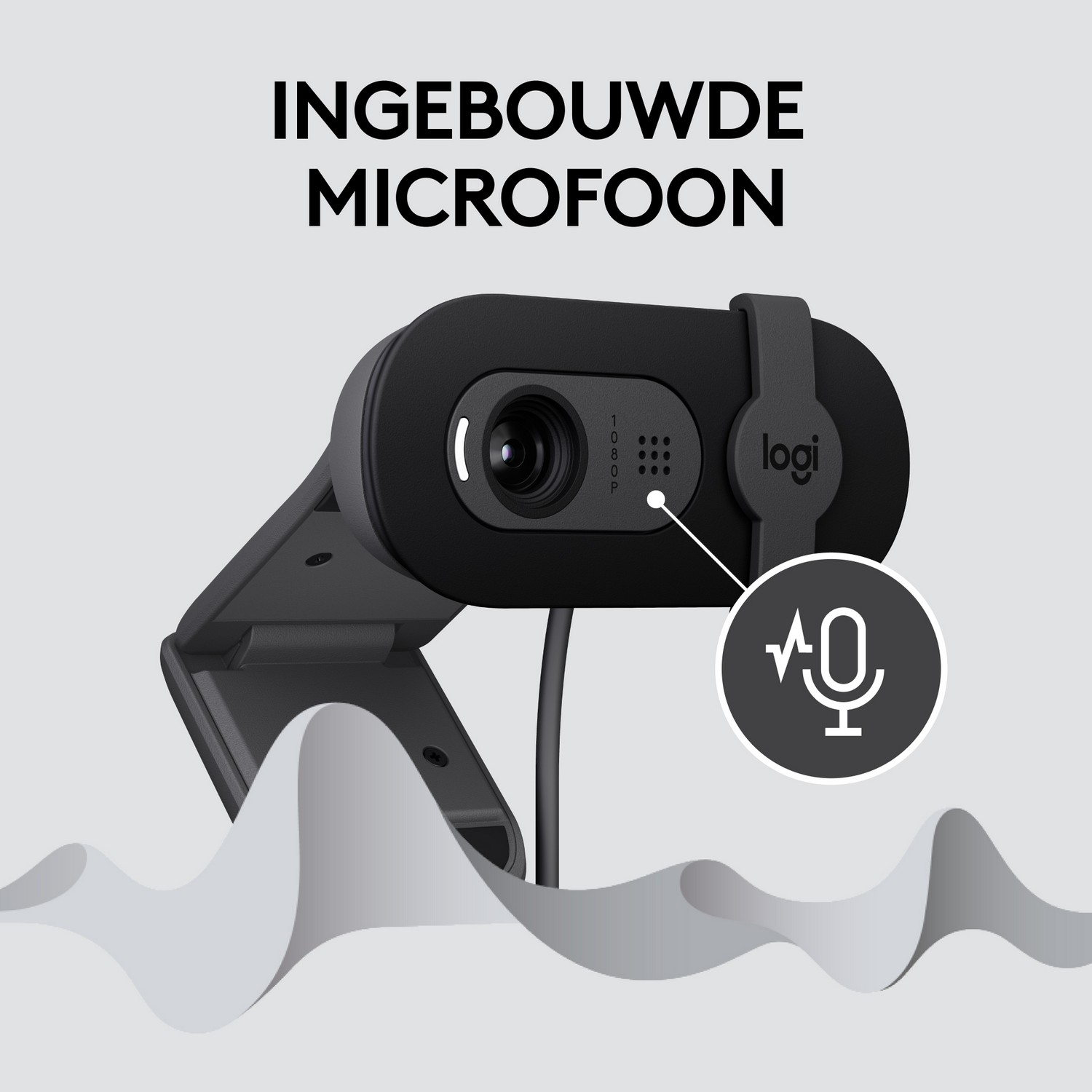 Zwarte webcam met microfoondetails, grijze achtergrond. Tekst: Ingebouwde Microfoon.