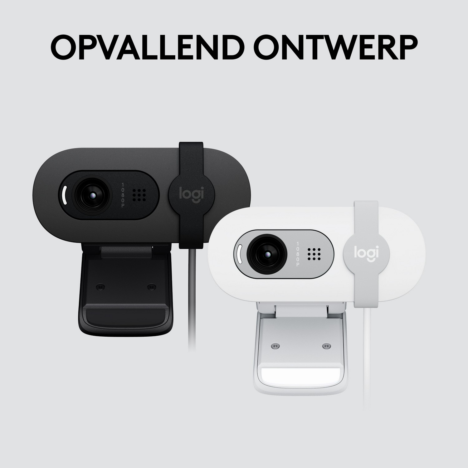 Two webcams, black and white, on a white background, with the text 'Opvallend Ontwerp'.
