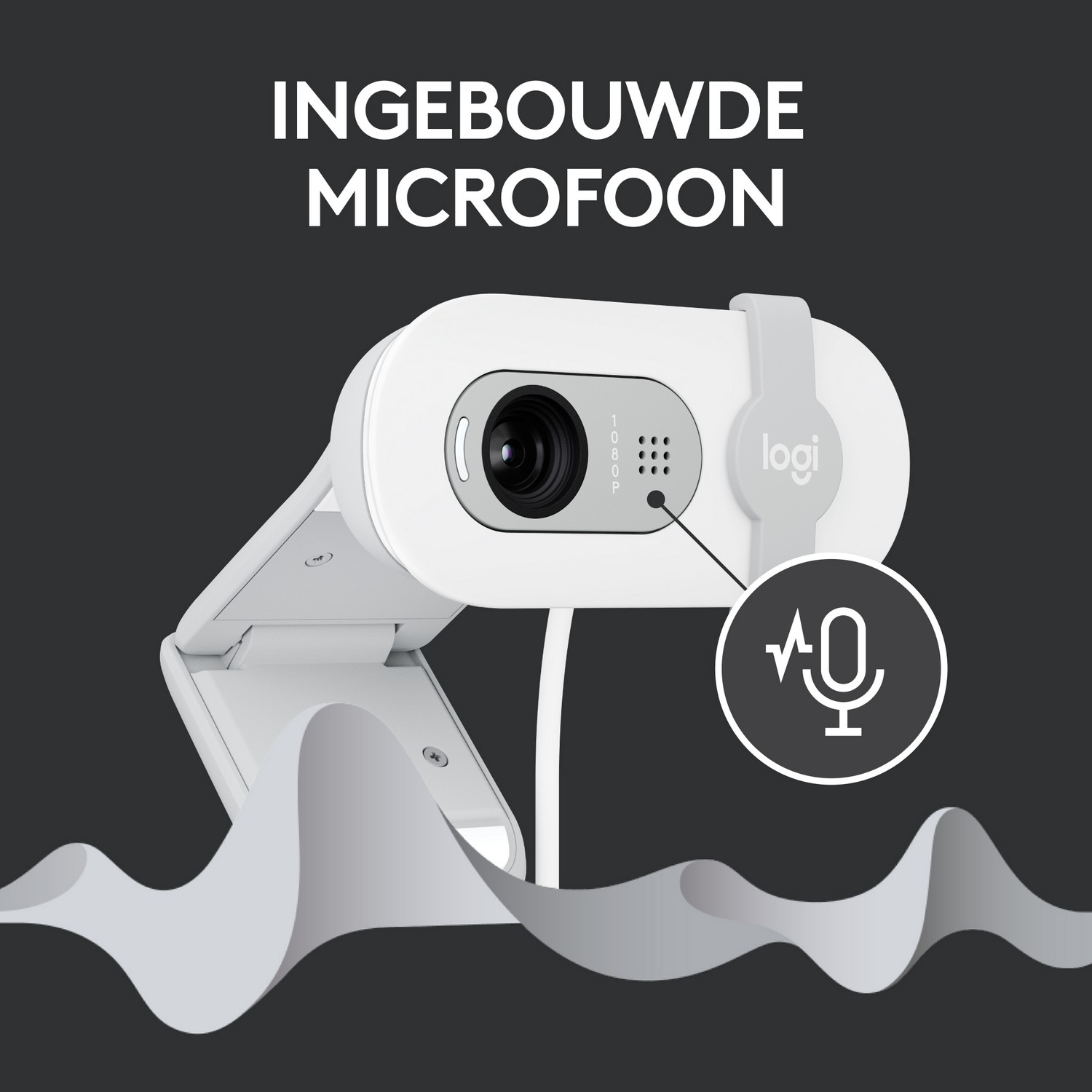 White webcam on a stand. It has a built-in microphone and a logo.