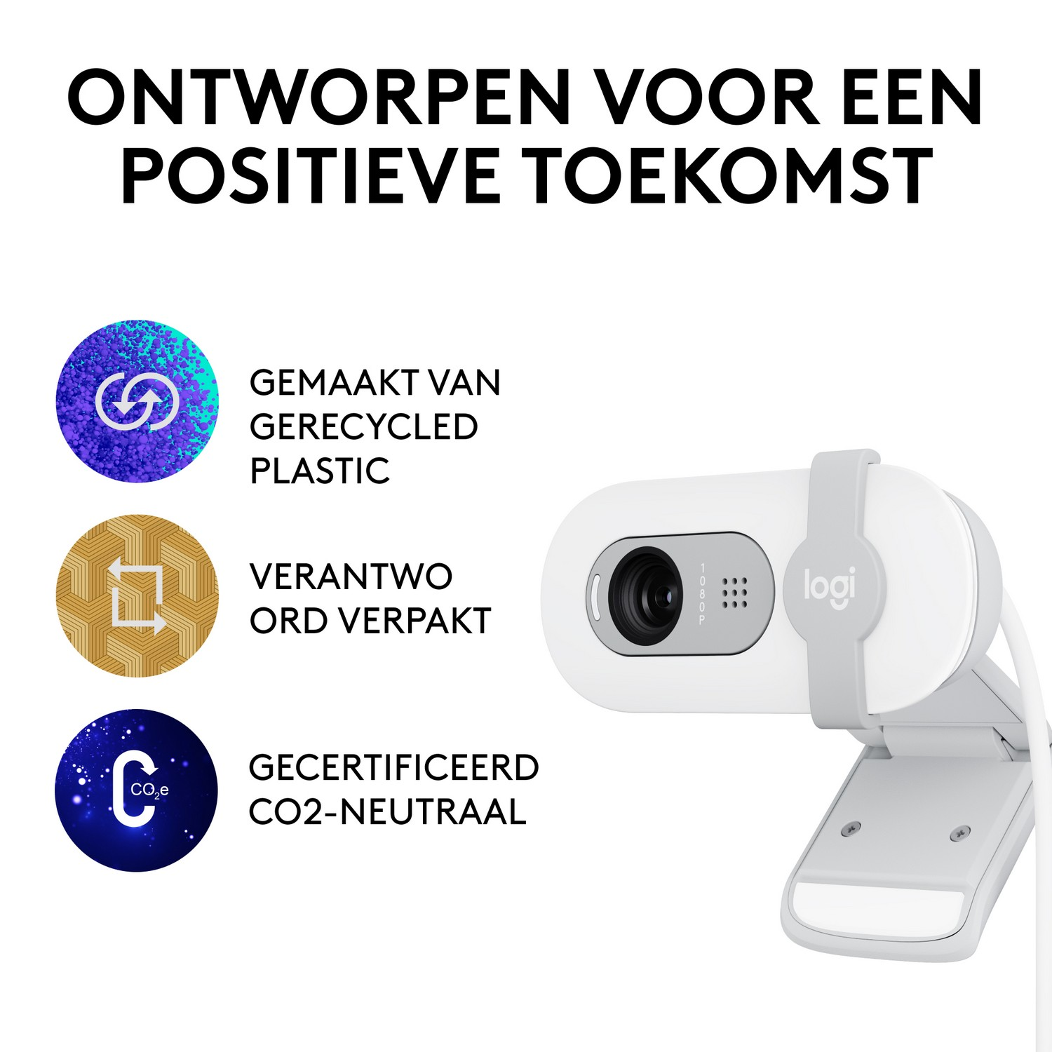A white webcam with text and logos about eco-friendly features and design.