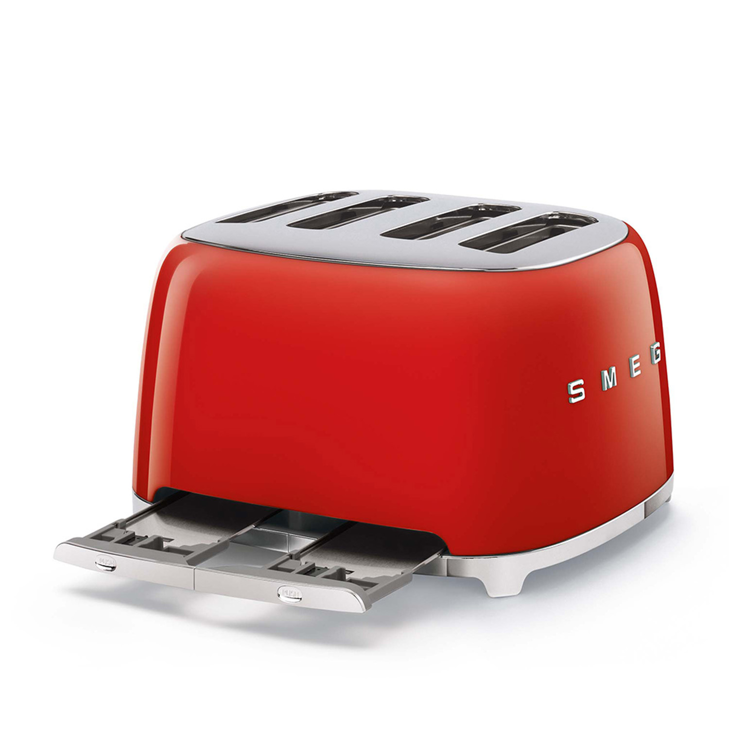 Tostapane Smeg rosso con quattro fessure, dettagli cromati e base bianca.
