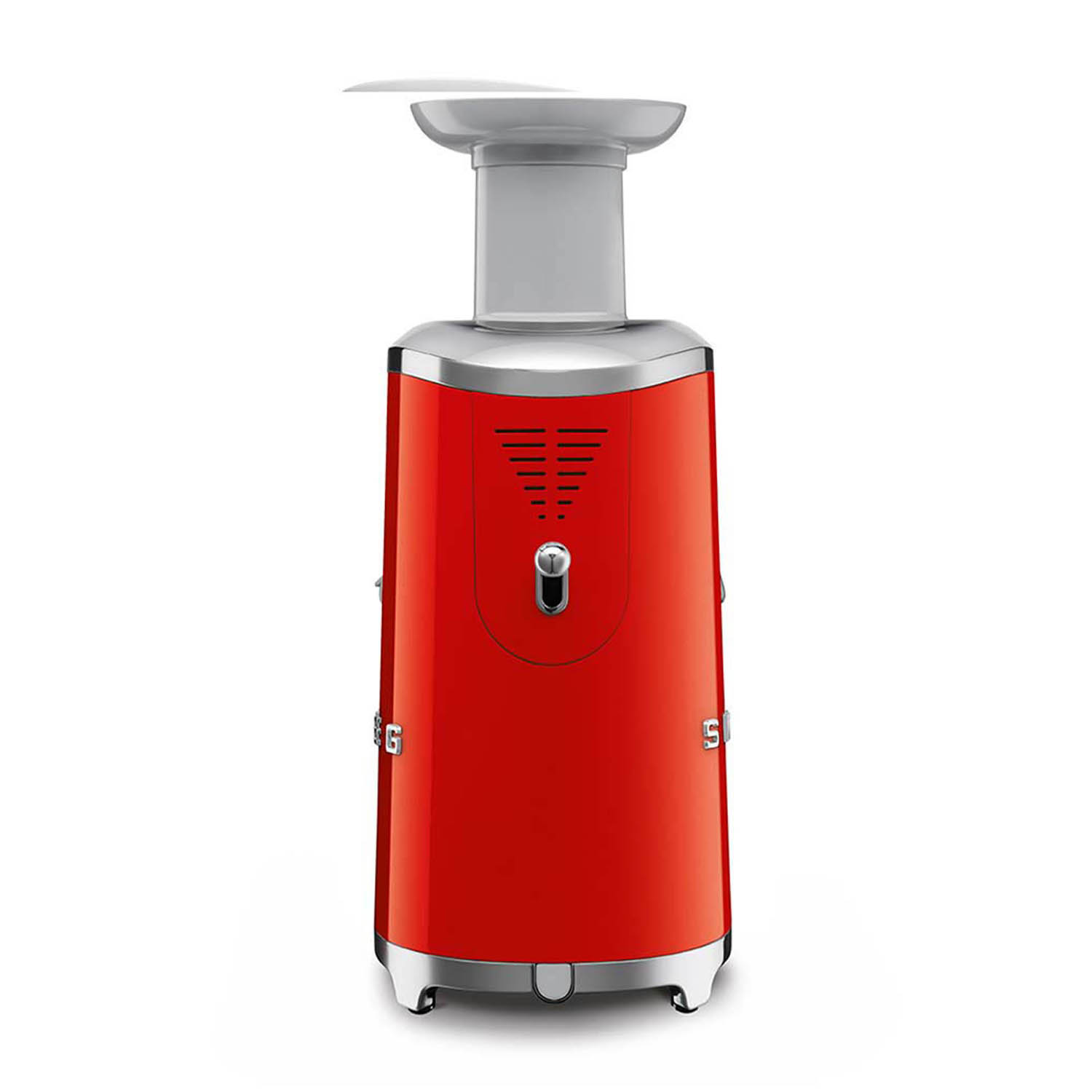 Un estrattore di succo Smeg rosso con una parte superiore bianca e una base argentata.