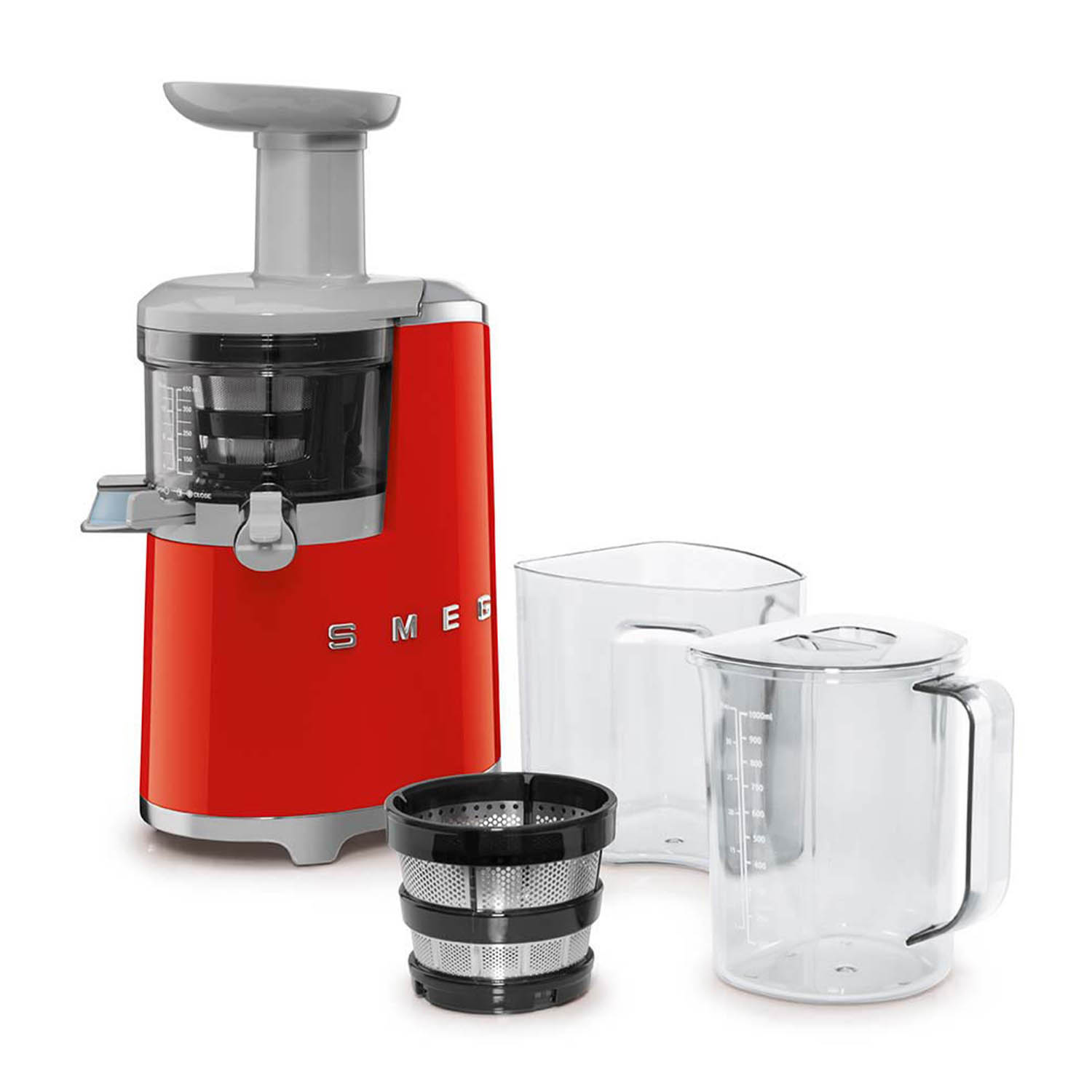 Centrifuga rossa con parti su bianco. Include un filtro, un contenitore trasparente e un contenitore per il succo.