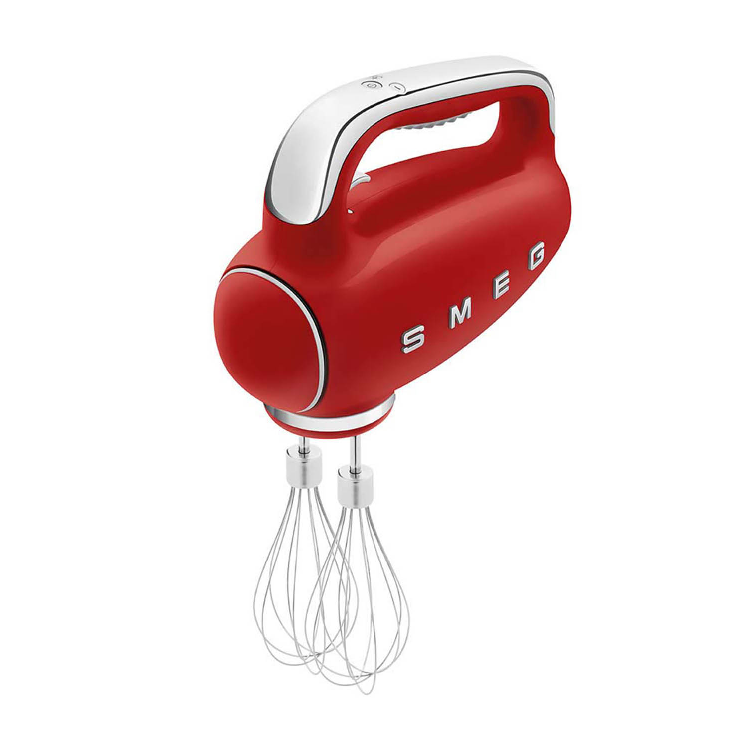 Frullatore a mano rosso. Ha un manico bianco e due fruste.