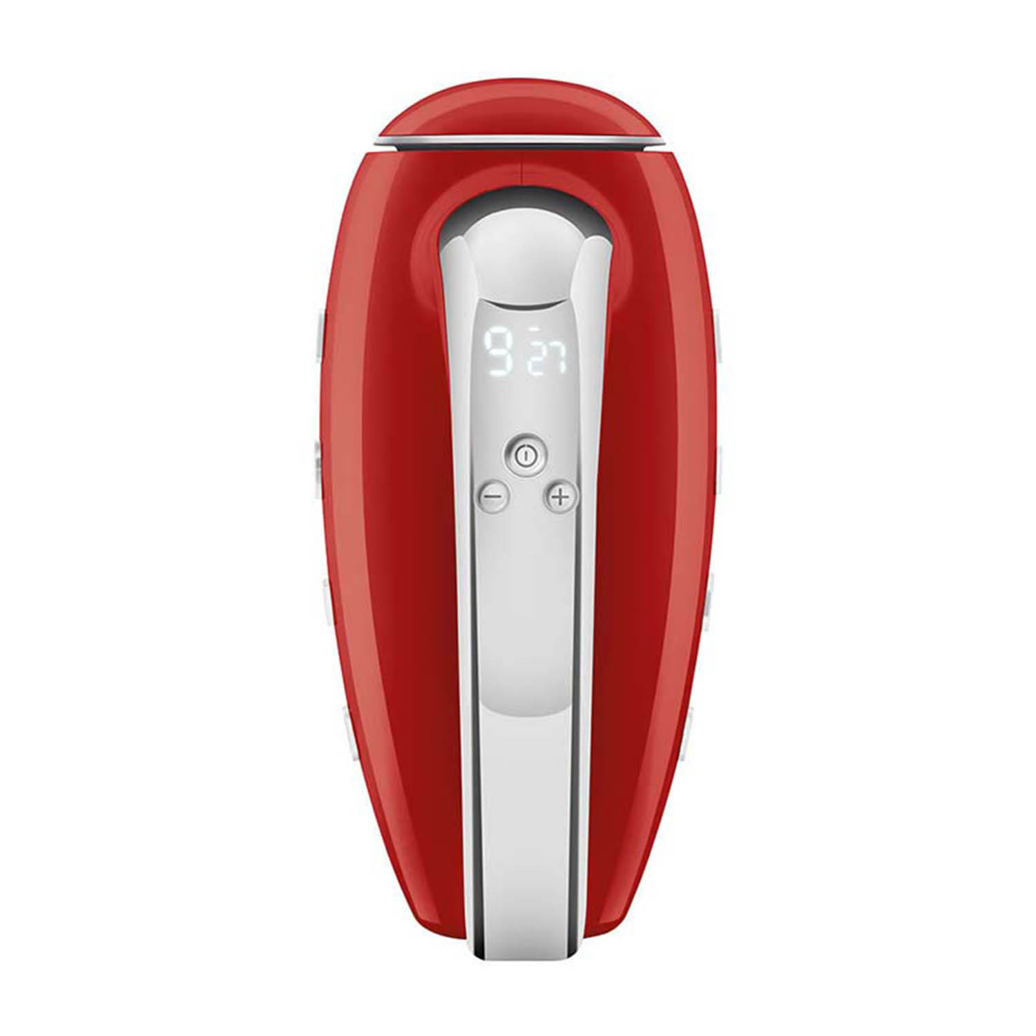 Un rasoio elettrico rosso con display digitale e dettagli bianchi.