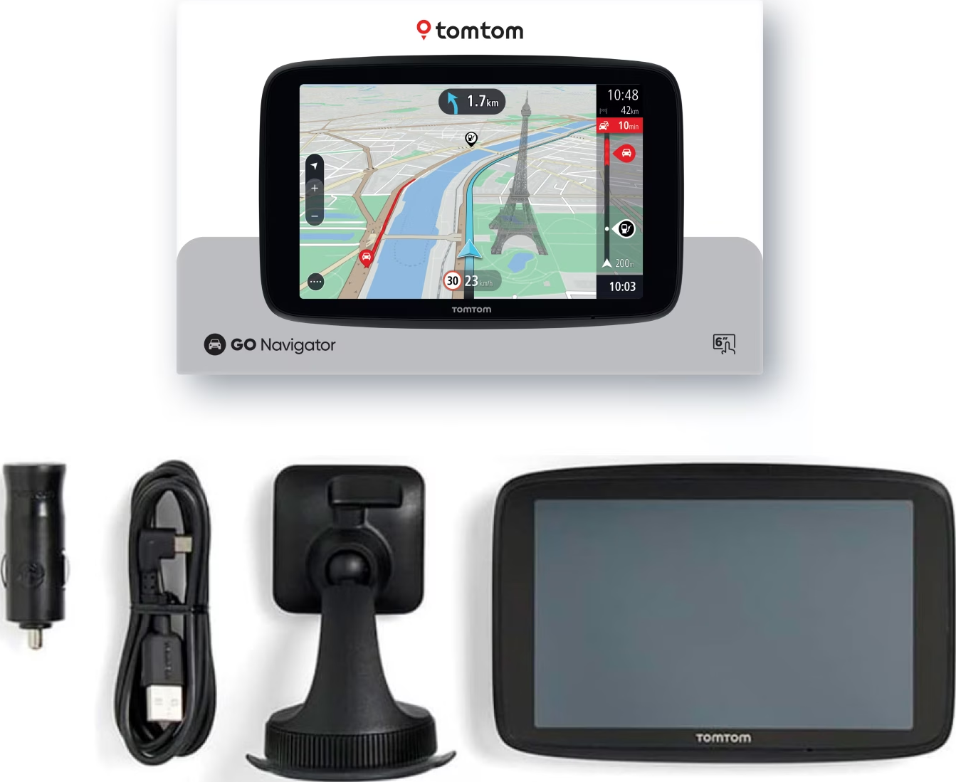 Un dispositivo GPS TomTom che mostra una mappa con un percorso e i dettagli di navigazione.
