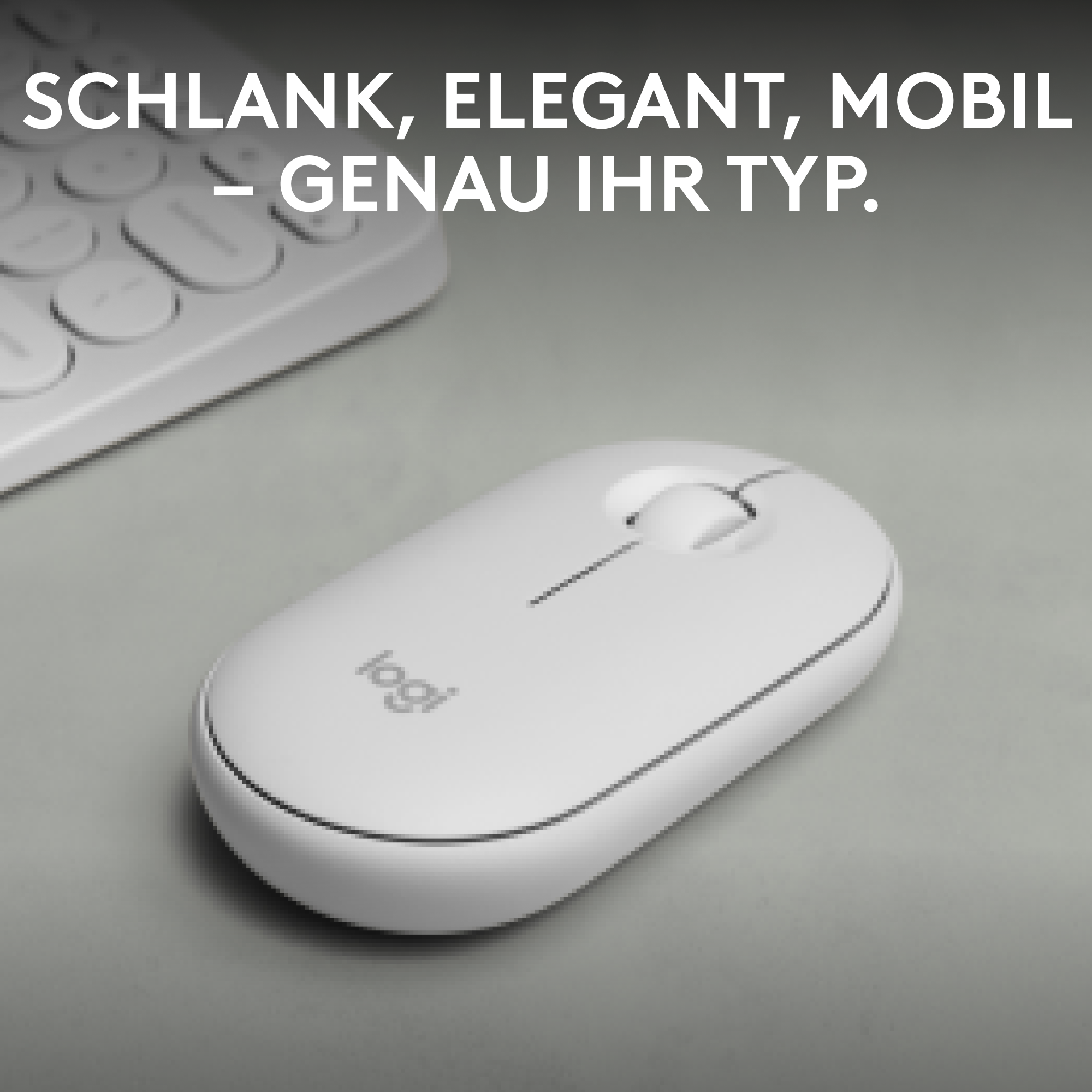 Weiße Maus und Tastatur auf grauer Oberfläche. Die Maus ist oval und hat ein Rad oben.