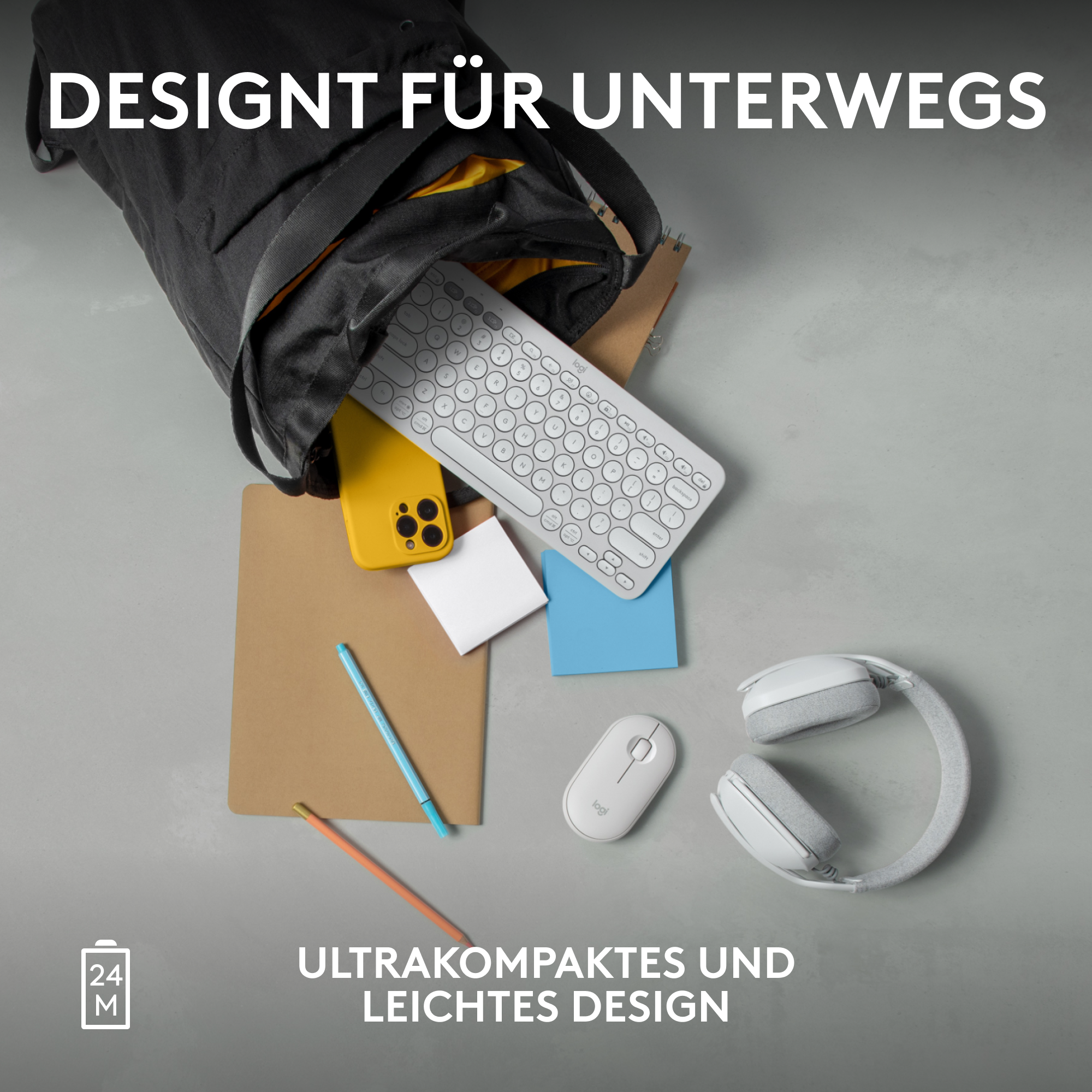 Eine schwarze Tasche, aus der eine weiße Tastatur, ein gelbes Telefon, eine Maus und Kopfhörer herausfallen.