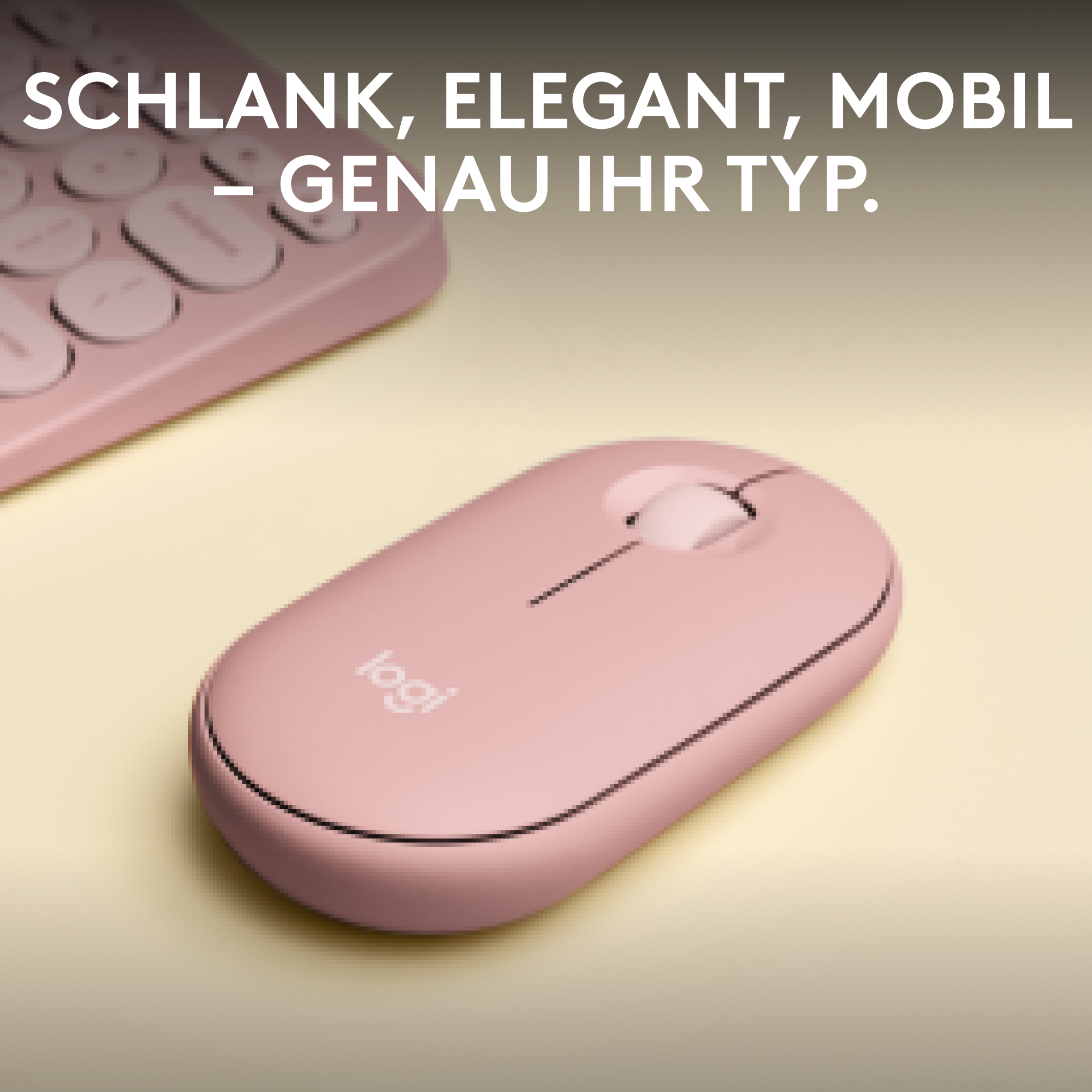 Eine rosa Logi-Maus auf gelbem Hintergrund.