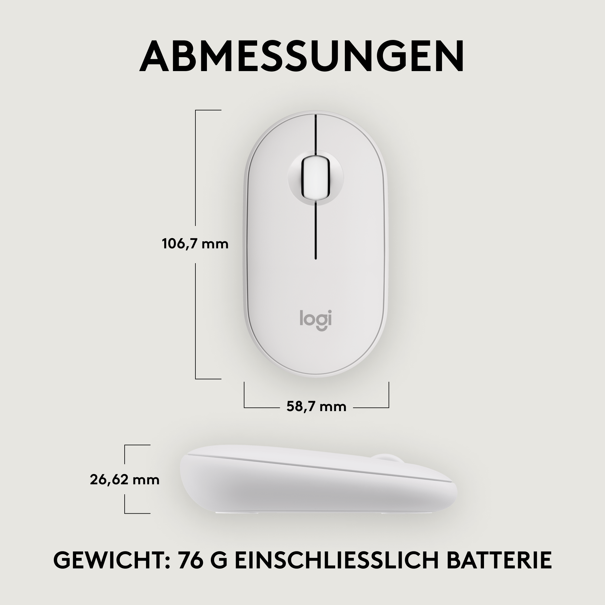 Eine weiße Logitech-Maus mit Abmessungen und Gewichtsangaben auf Deutsch.