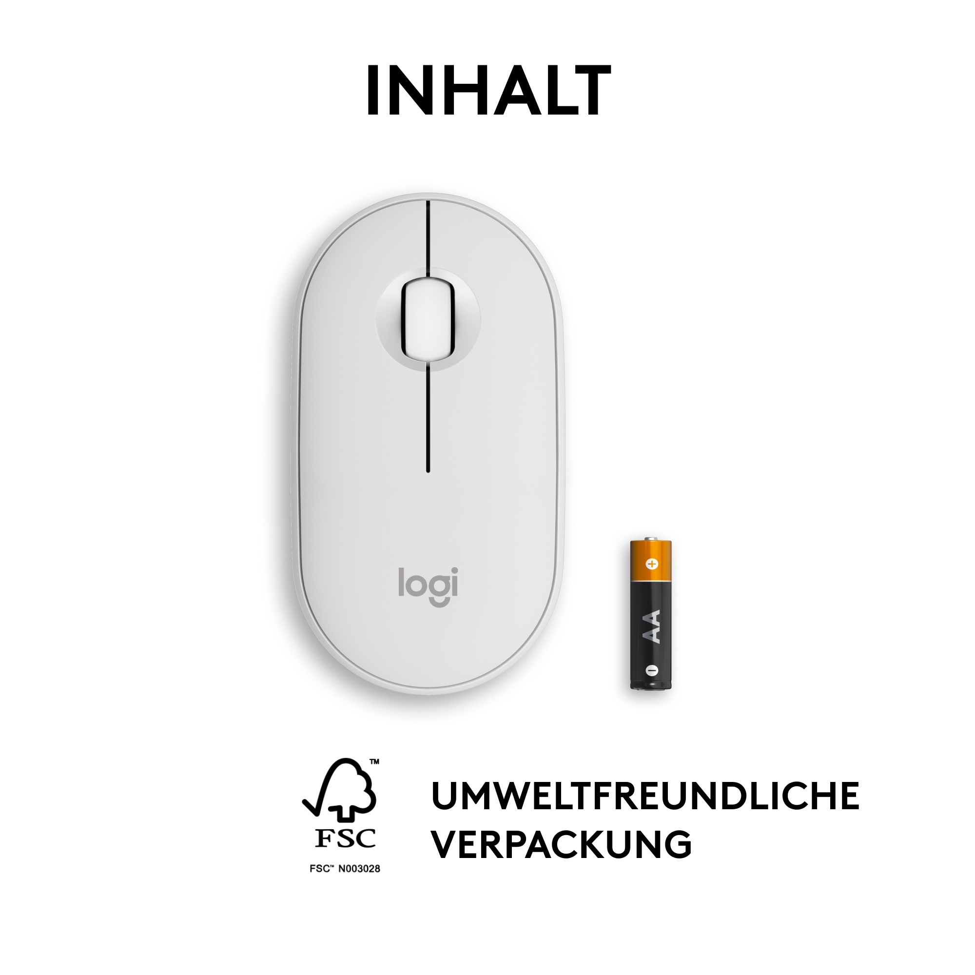 Weiße Logitech-Maus mit Batterie und Text auf Deutsch.