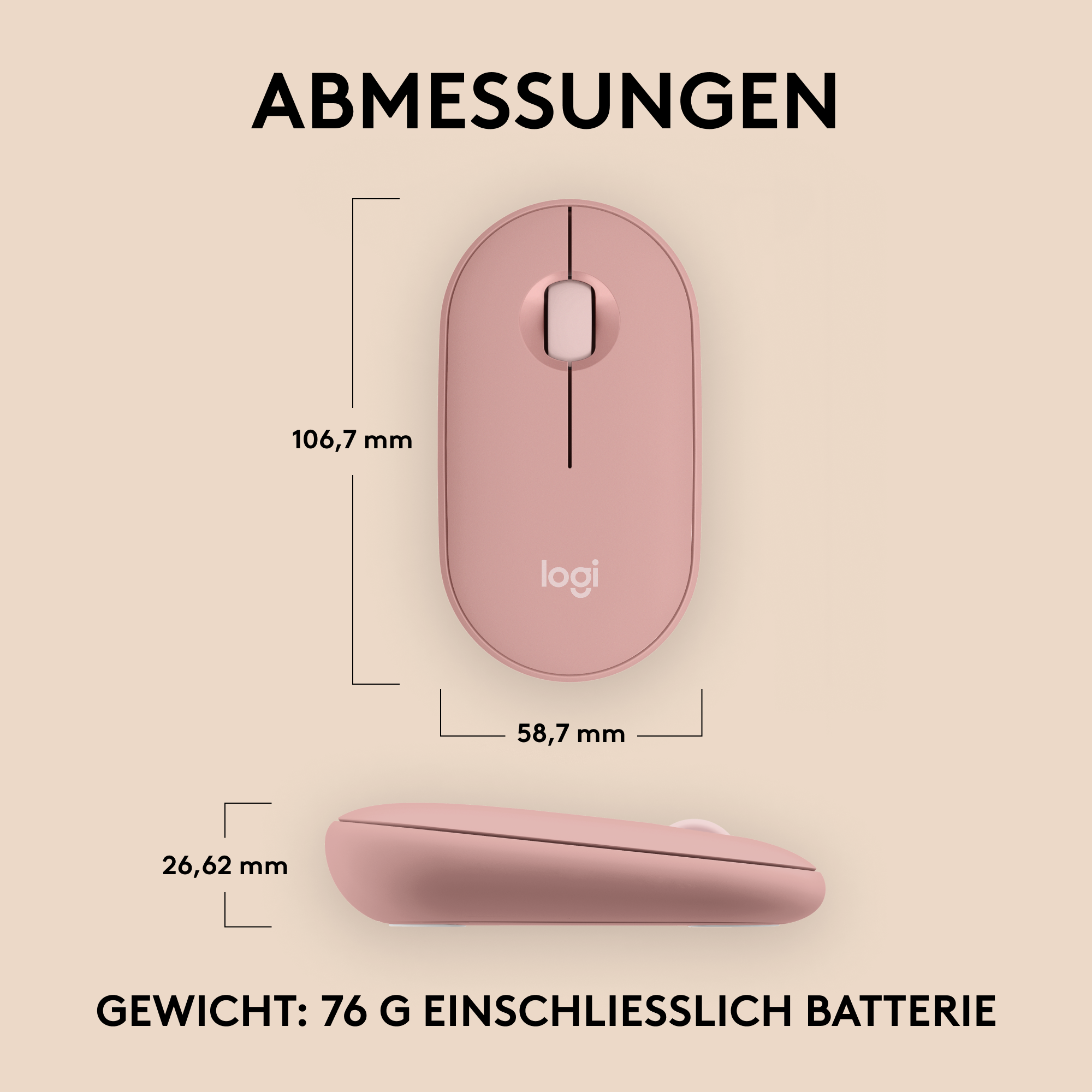 Eine rosa Logitech-Maus mit Abmessungen und Gewichtsangaben auf hellem Hintergrund.