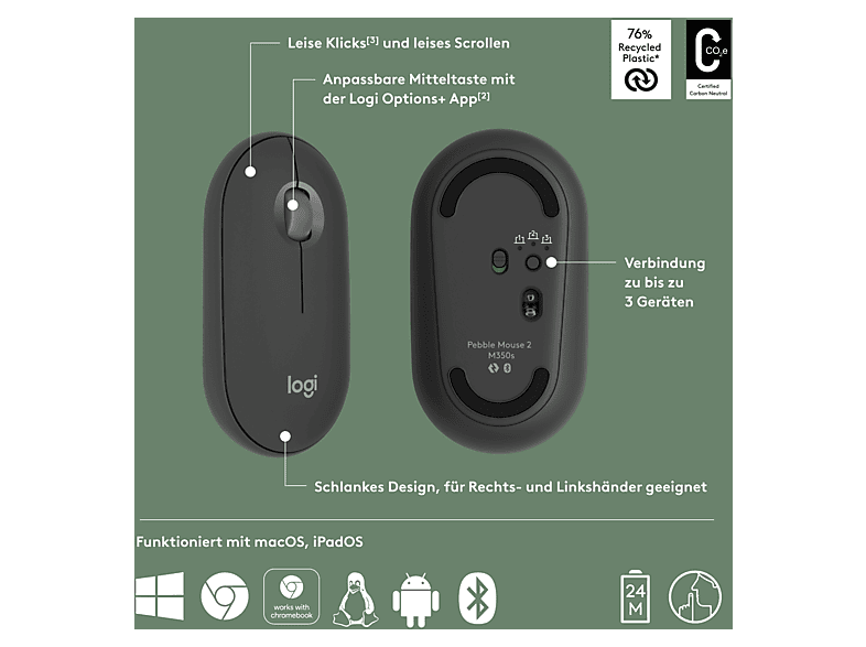 LOGITECH M350s Pebble Mouse 2 Kabellose Maus, Bluetooth, Grafit — Foto 5 von 5