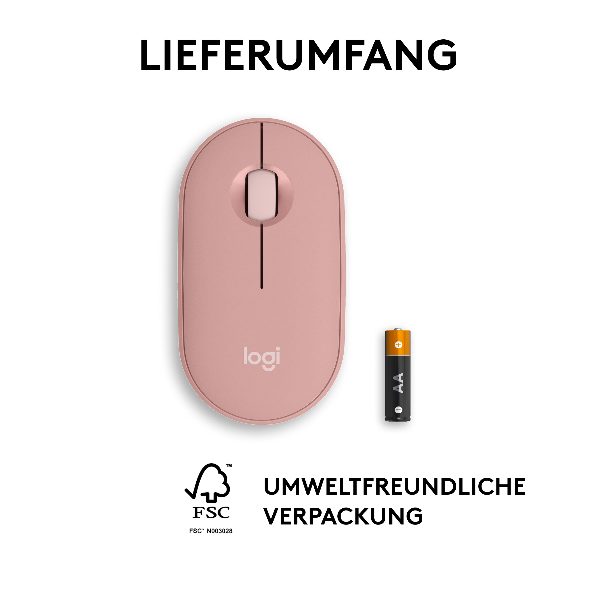 Drahtlose rosa Maus mit Batterie und FSC-Verpackungslogo.
