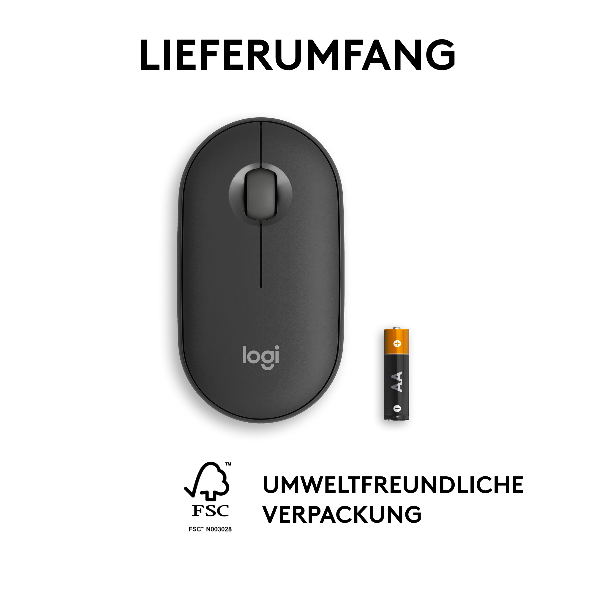 Schwarze Logitech-Maus mit Batterie und Text auf Weiß.