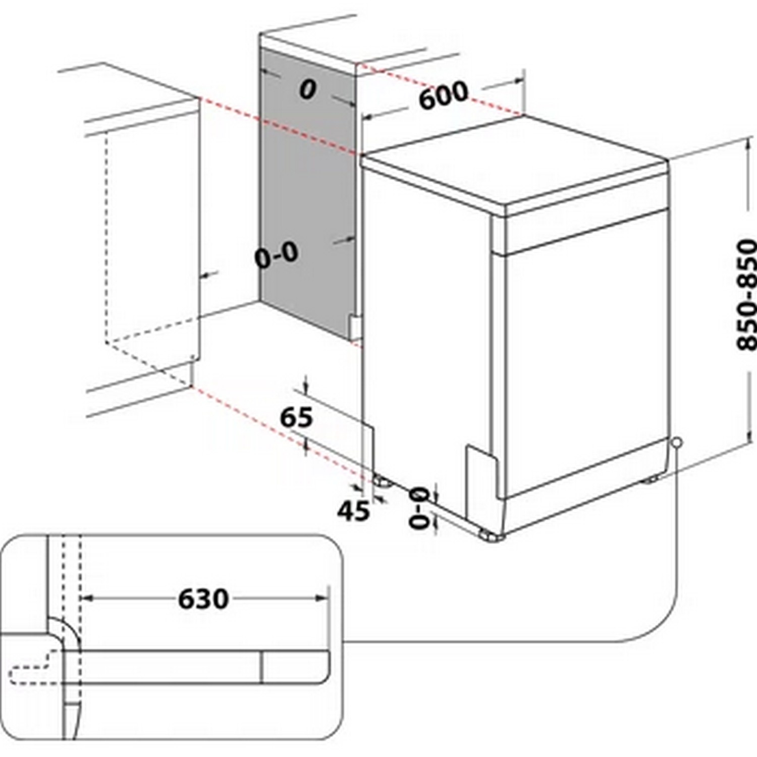 Diagram van een vaatwasser met afmetingen en installatiematen in zwart en wit.