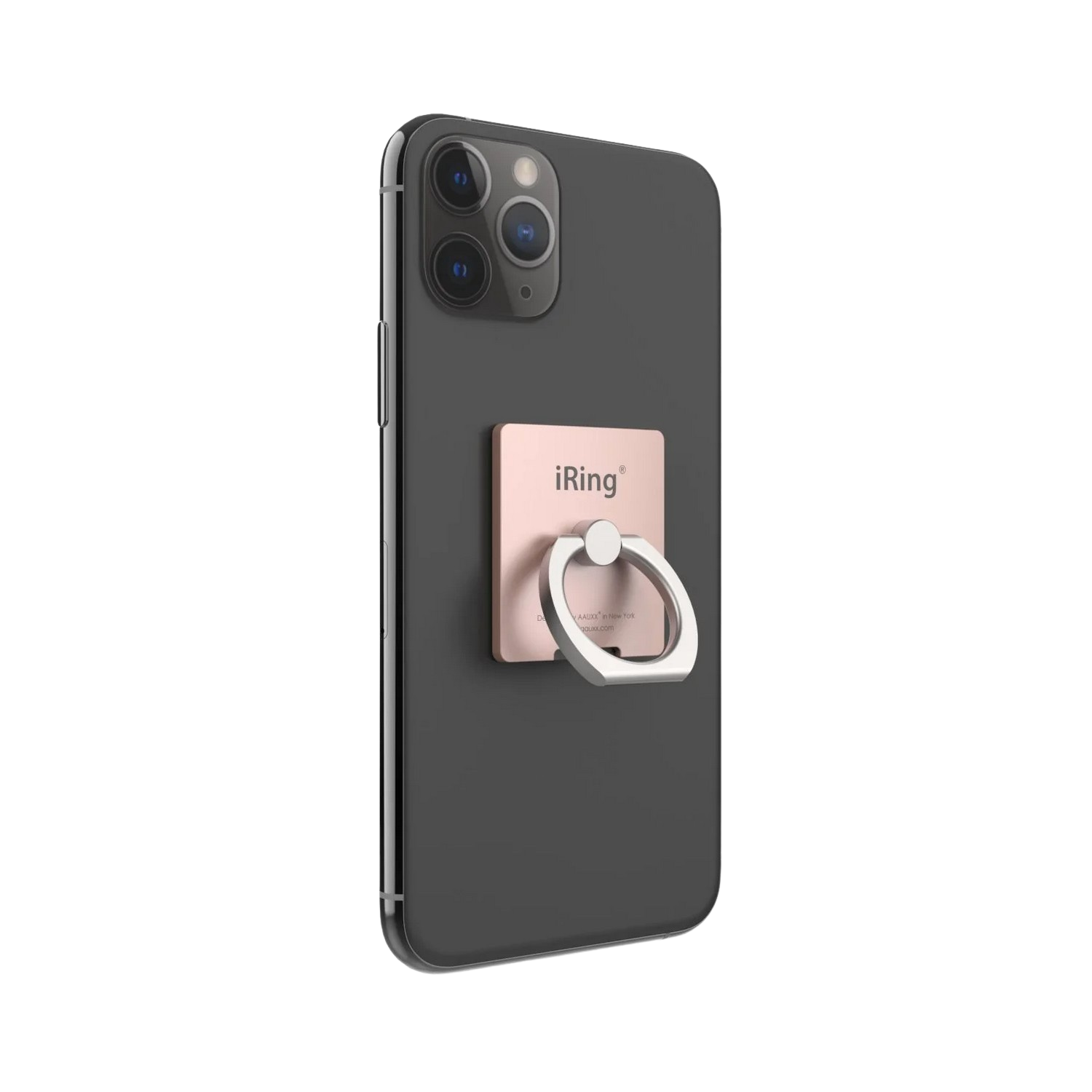 Zwarte iPhone met een roségouden telefoonringhouder aan de achterkant.