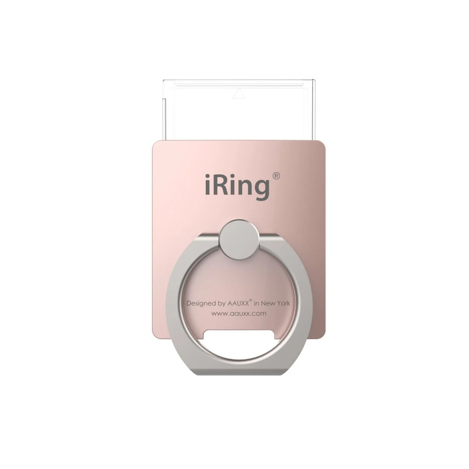 Een roze telefoonringhouder met een zilveren ring. Het iRing-logo staat op de voorkant.
