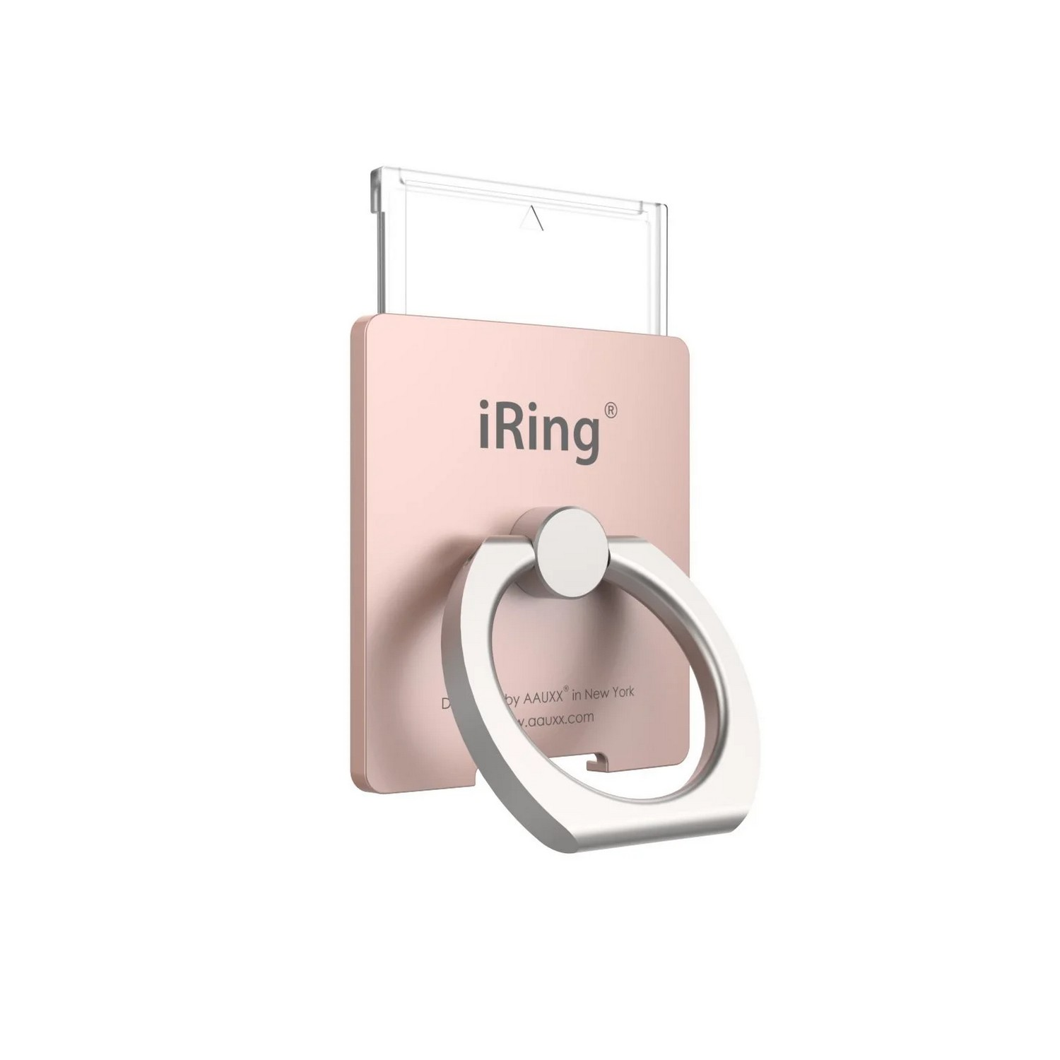 Een roségouden iRing telefoonhouder met een zilveren ring en een doorzichtige plastic bovenkant.