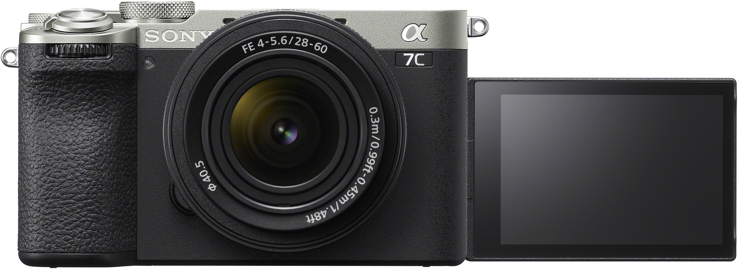 Eine Sony Alpha 7C Kamera mit ausgefahrenem Objektiv und geöffnetem Bildschirm.