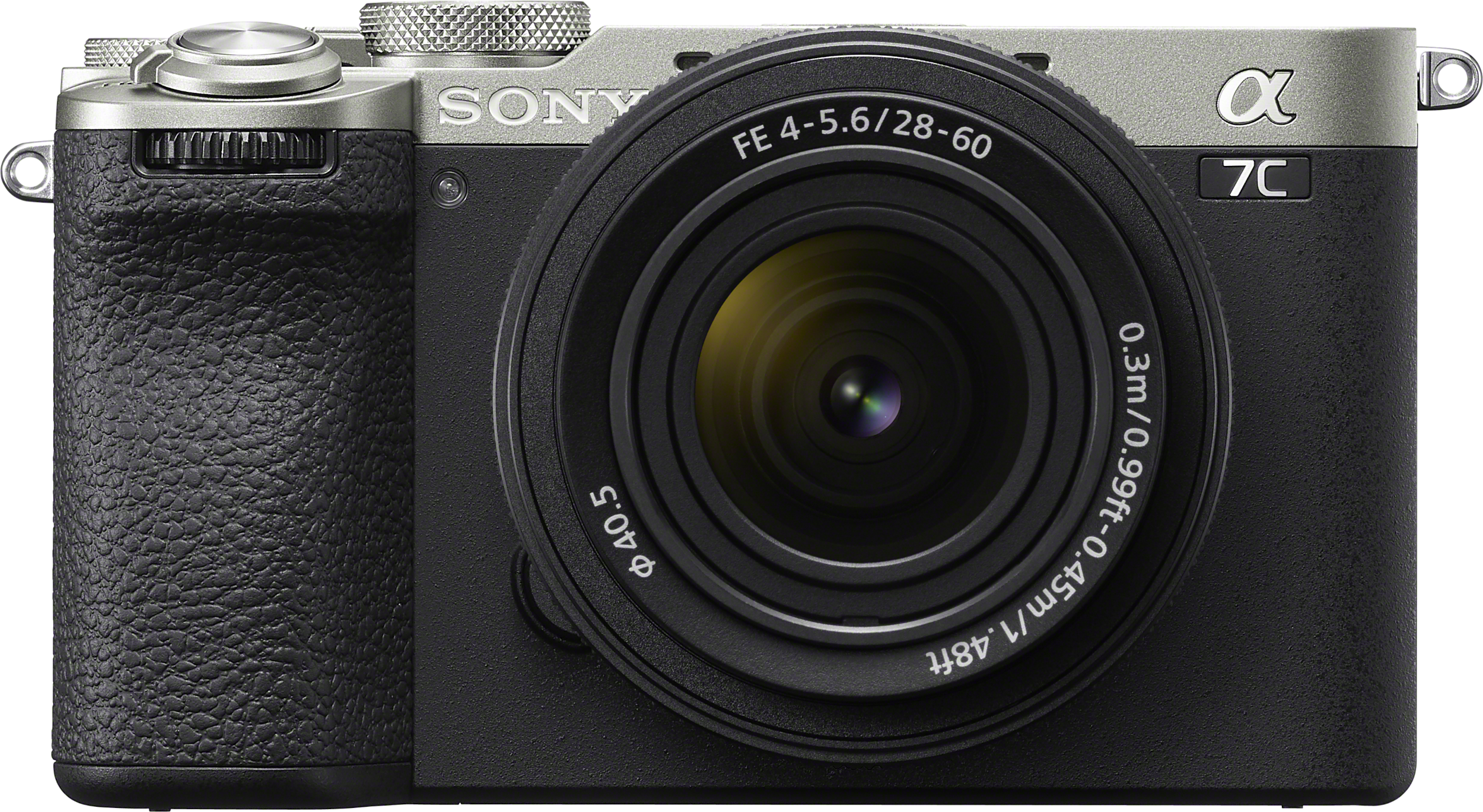 Silberne und schwarze Sony Alpha 7C Kamera mit Objektiv. Mit oberem Rad und Ledergriff.