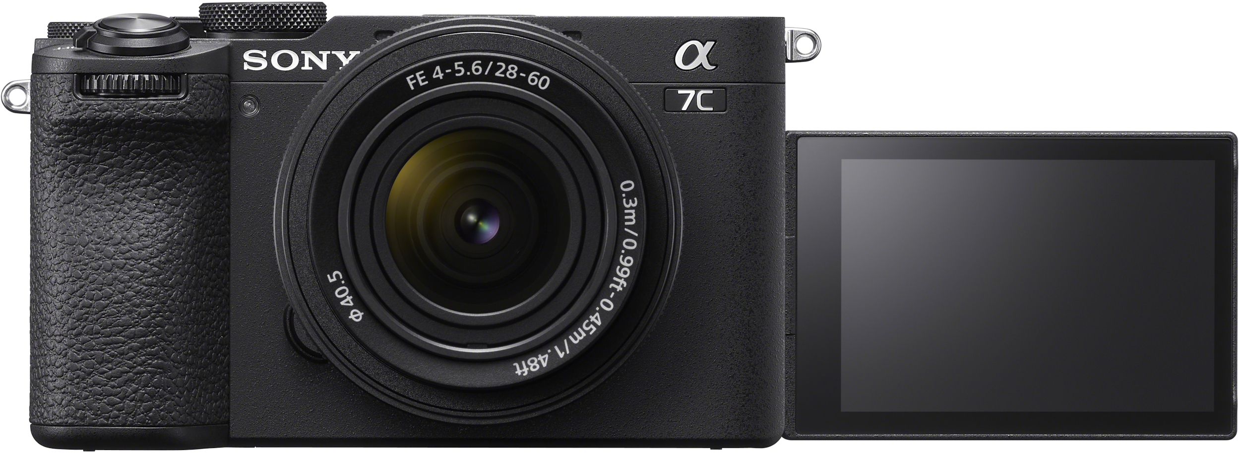 Eine Sony Alpha 7C Kamera, schwarz, mit Objektiv und ausklappbarem Bildschirm.
