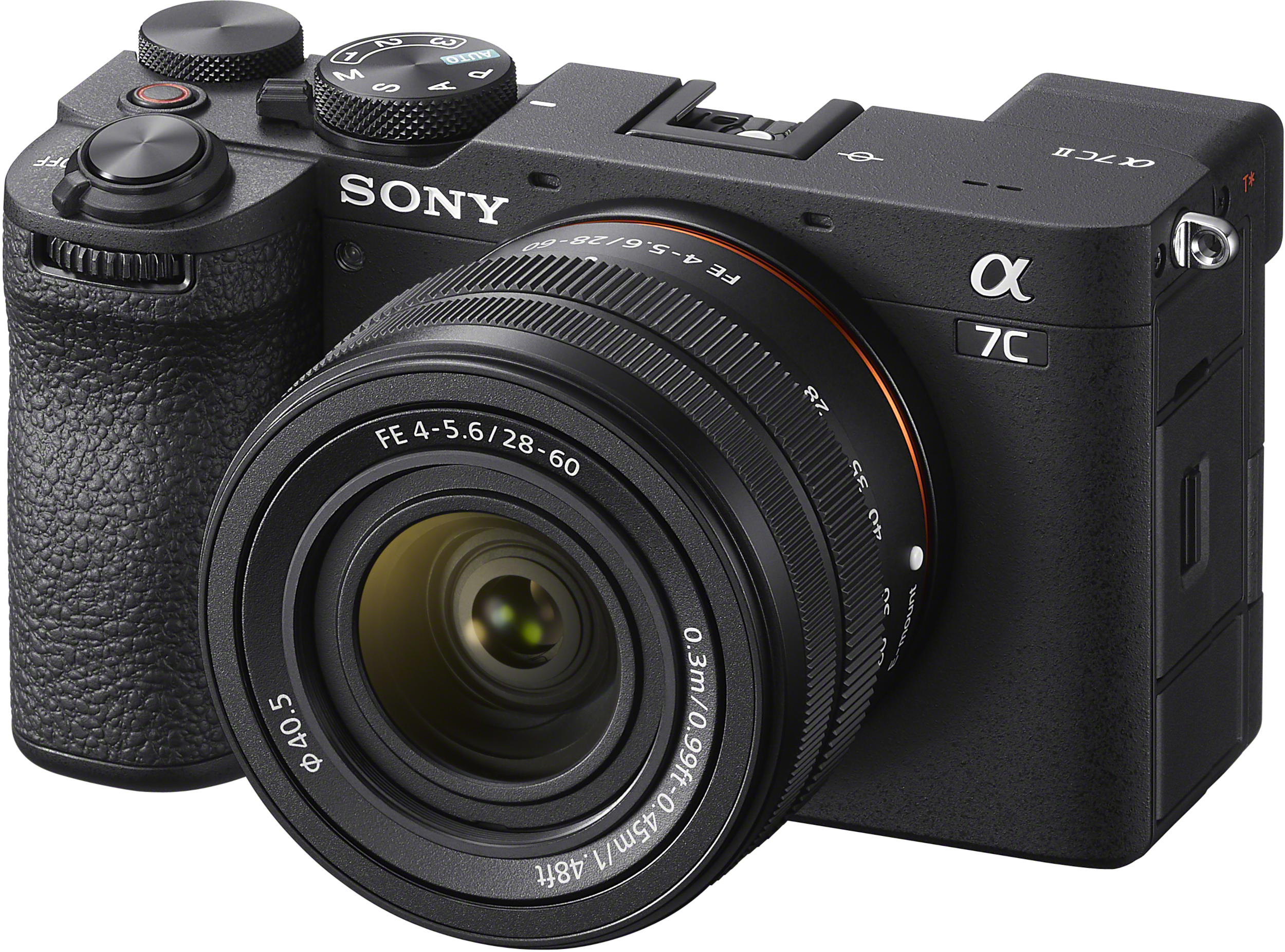 Schwarze Sony Alpha 7C Kamera mit Objektiv. Das Objektiv ist zentriert, zeigt das Frontelement.