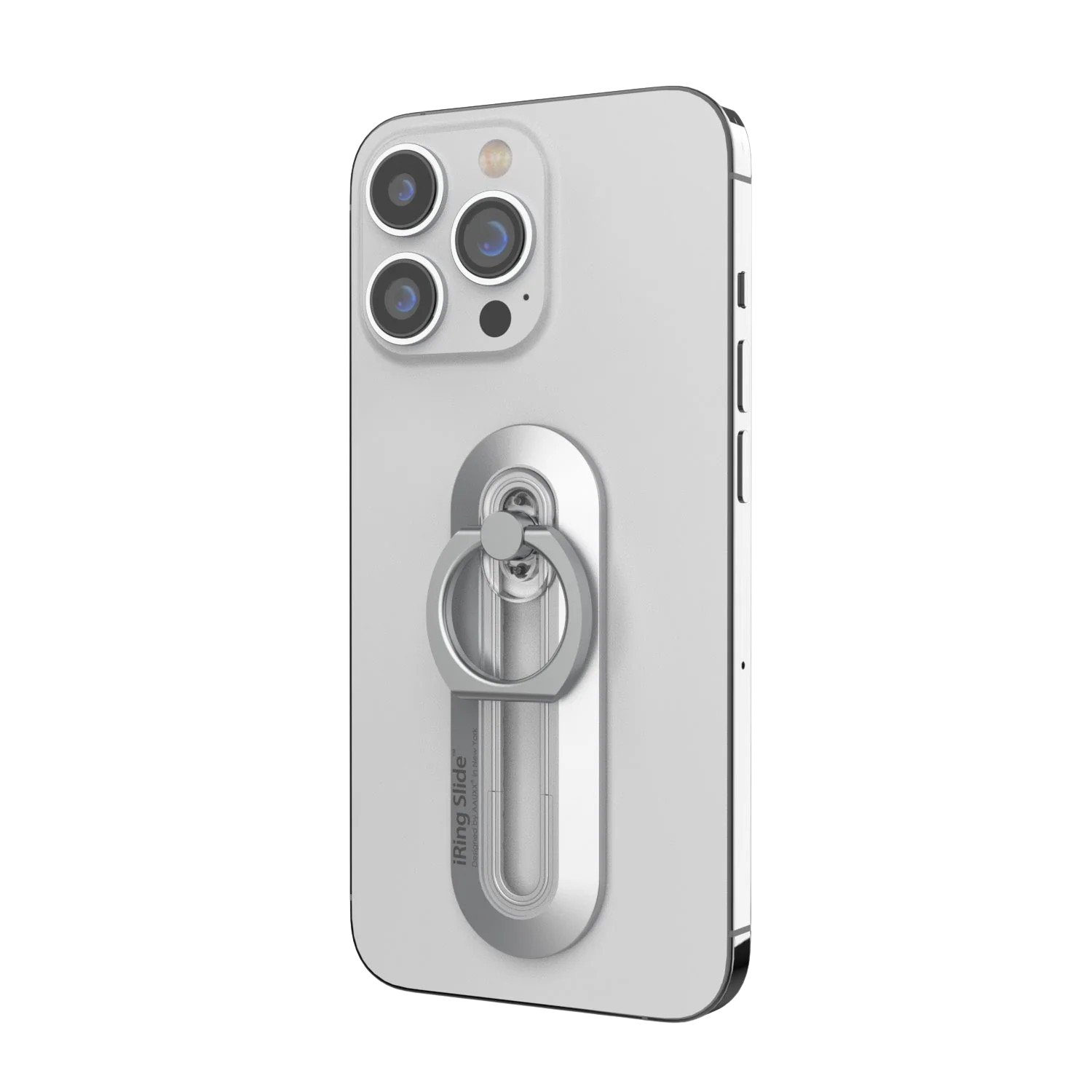White iPhone with a silver ring holder attached to the back, on a black background.