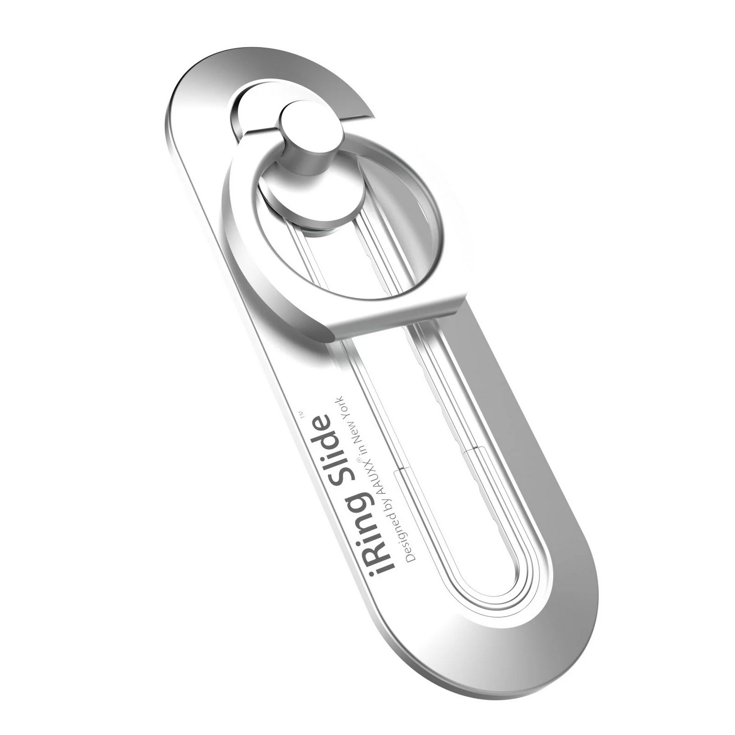 Silver phone ring holder with ring, on a white background. Text: iRing Slide.