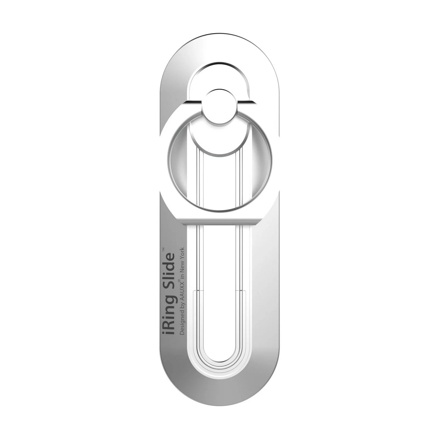 Silver iRing phone holder, designed by AUXY in New York. Ring is attached to a rectangle.