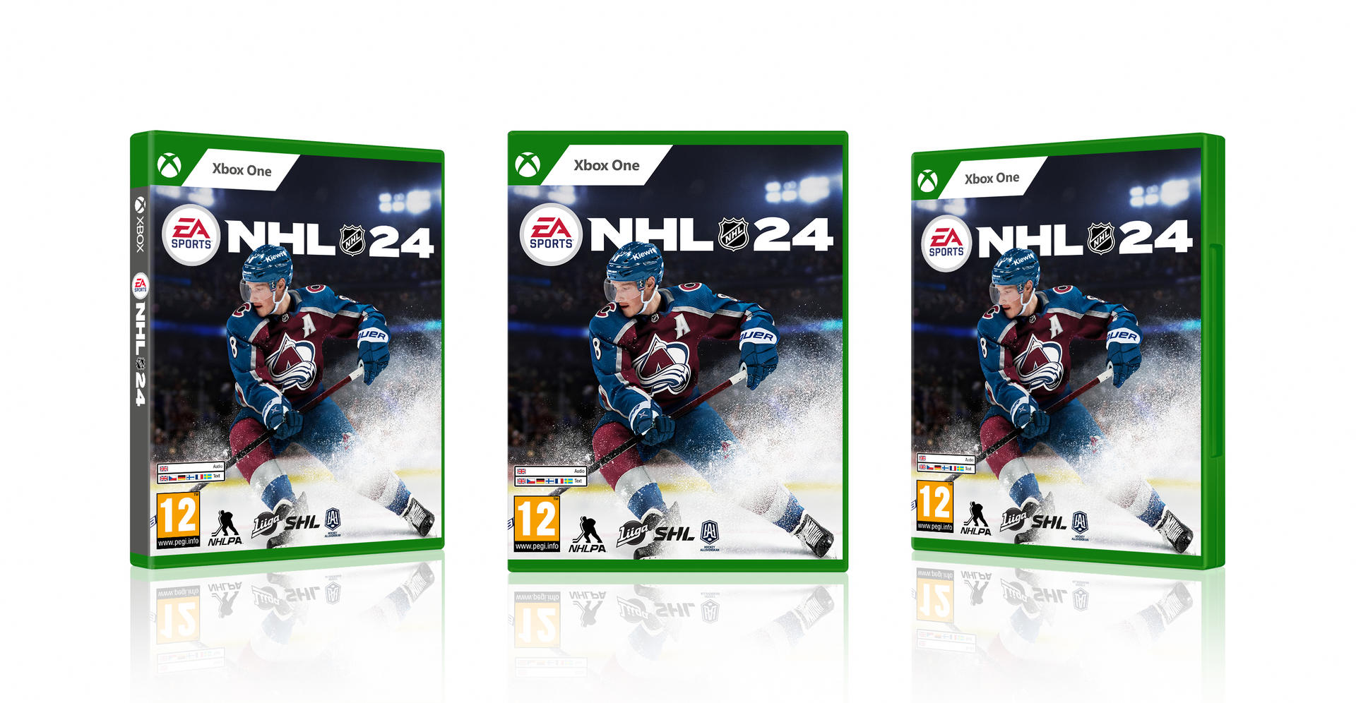 Drei Xbox One Spielhüllen für NHL 24, grüne Hüllen mit Spielgrafik und Logo.