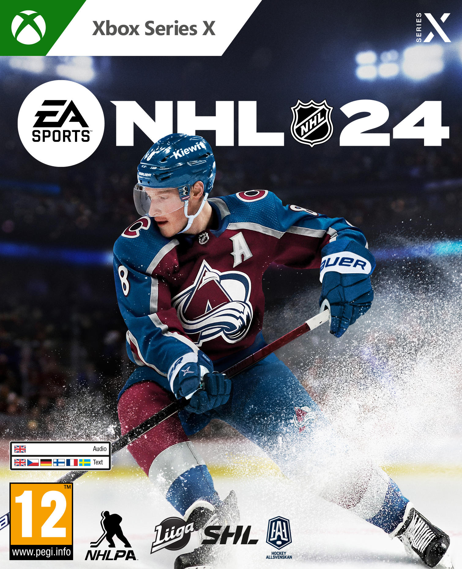 NHL 24-Spielcover mit einem Hockeyspieler in Blau und Rot. Der Spieltitel ist sichtbar. Das Xbox Series X-Logo ist vorhanden.