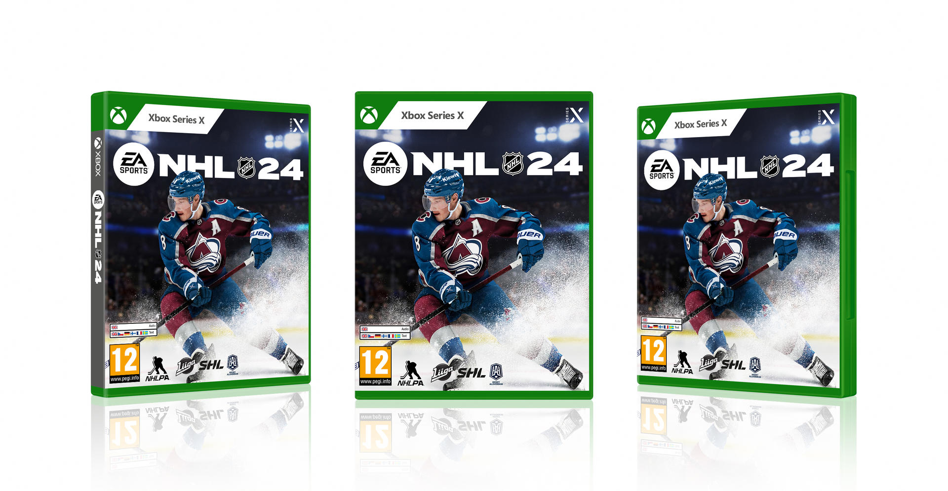 Drei Spielboxen für NHL 24 auf Xbox Series X. Die Boxen zeigen einen Hockeyspieler in Aktion.