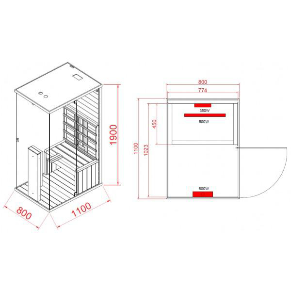Isometrische Ansicht einer Sauna mit Maßen. Glastür, Holzbänke und Heizelemente sind sichtbar.