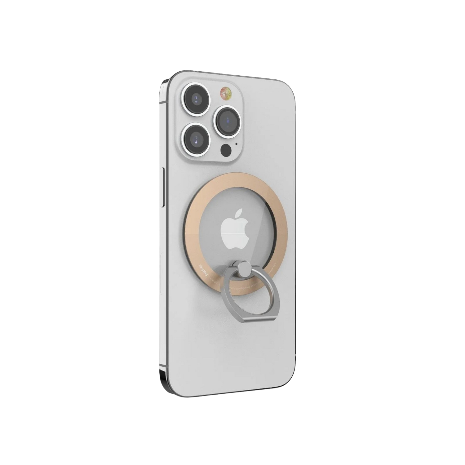 iPhone 13 Pro argenté avec un anneau doré et une bosse de caméra, fond noir.