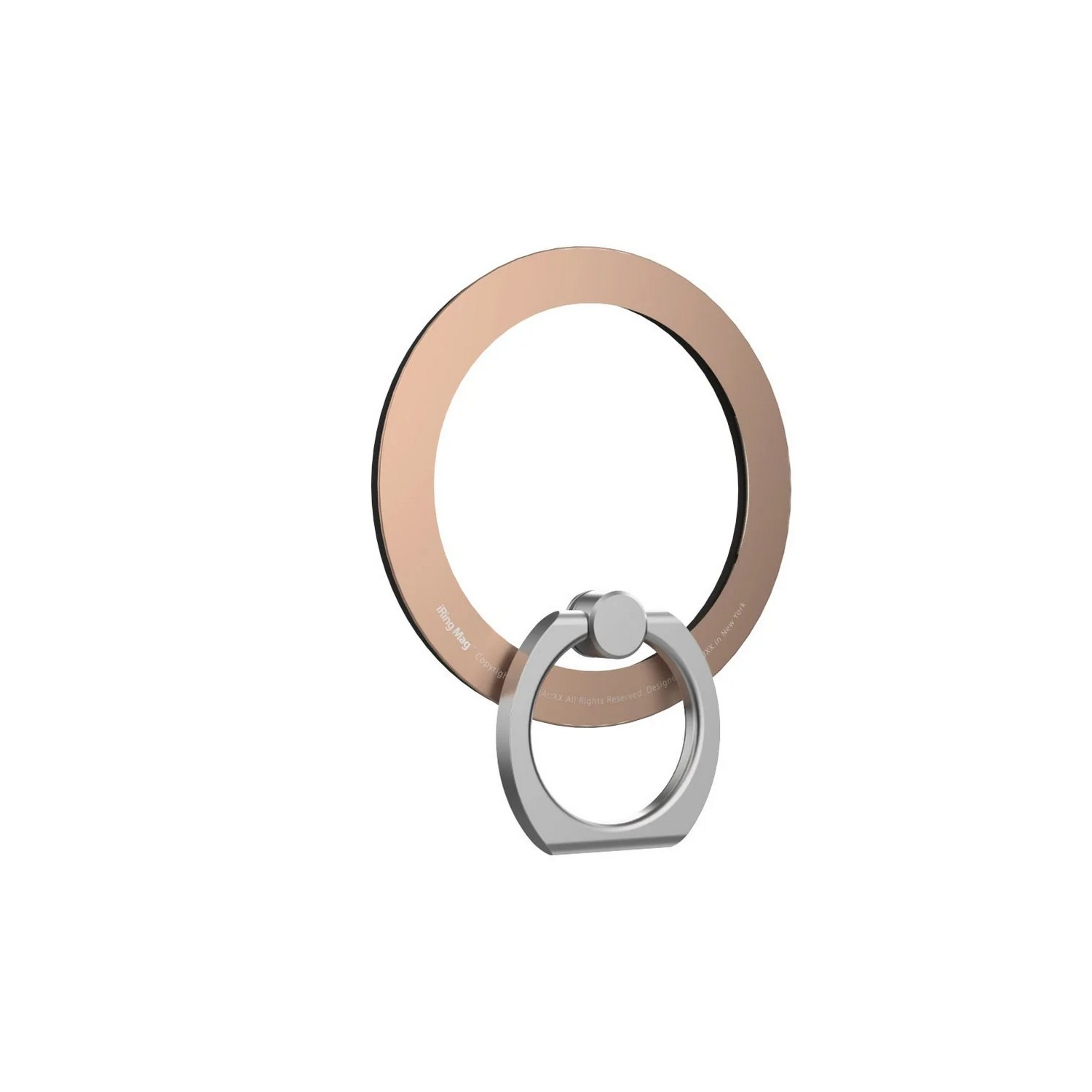 Support de bague de téléphone or rose avec une bague argentée.