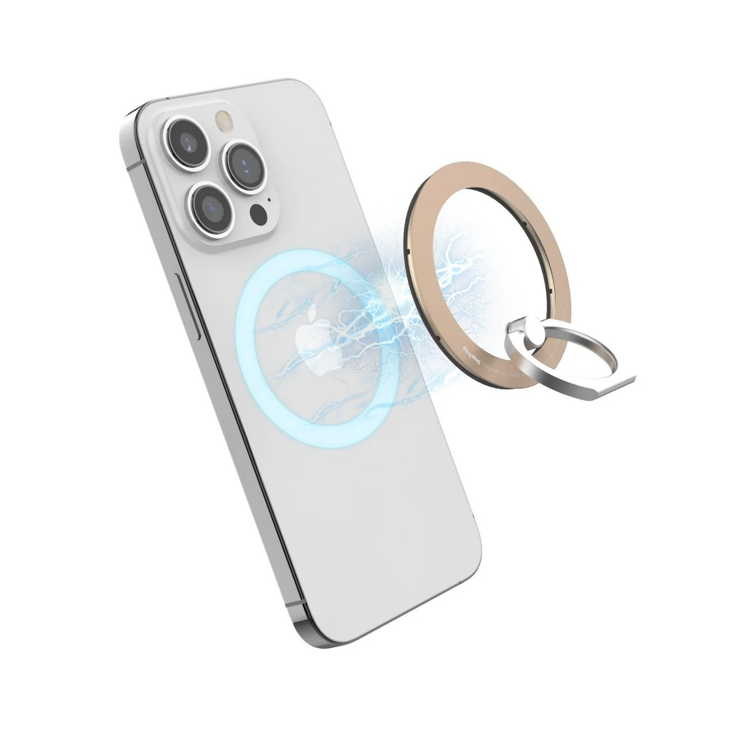 iPhone blanc avec un support d'anneau magnétique attaché.