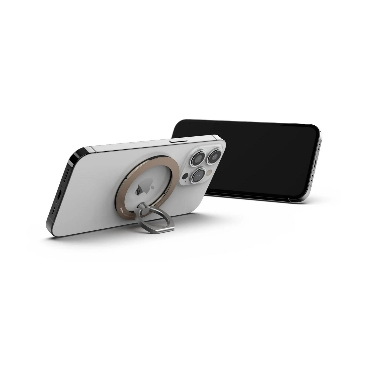 Téléphone blanc avec un support d'anneau doré, appuyé sur un autre téléphone. Fond blanc.
