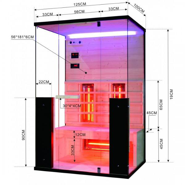Isometrische Ansicht der Sauna. Holzinterieur mit Bank und Infrarotheizungen. Glastür und Wände. Abmessungen gezeigt.