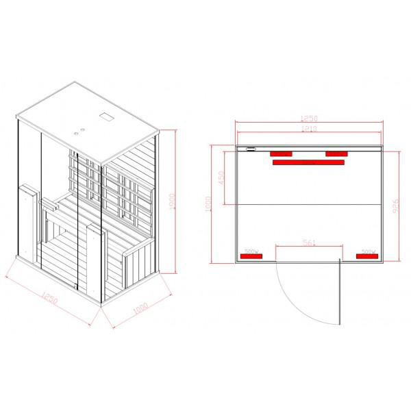 Isometrische und Frontansichten einer Sauna. Es zeigt Abmessungen und das Layout der Holzbänke und Heizelemente.