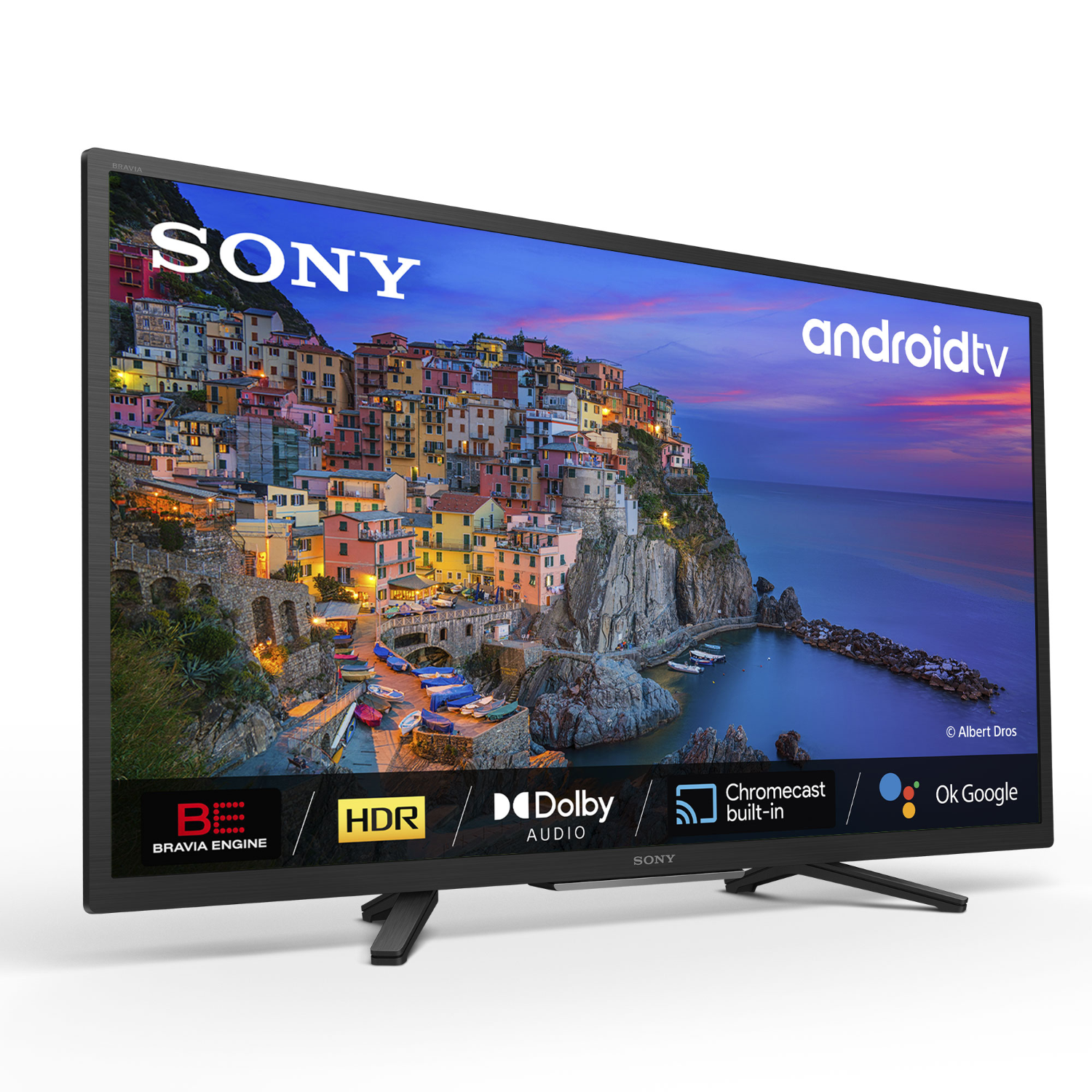 Sony Android TV met levendige kuststad. Zwart frame, standaard en logo's zichtbaar.