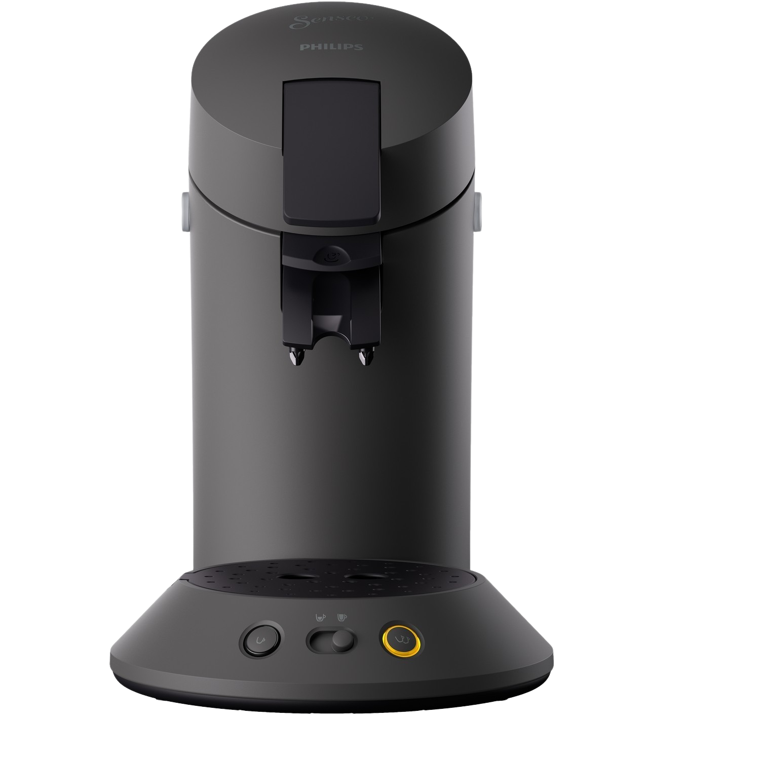 A dark gray Philips Senseo coffee machine. It has a round base with buttons and a central spout for coffee.