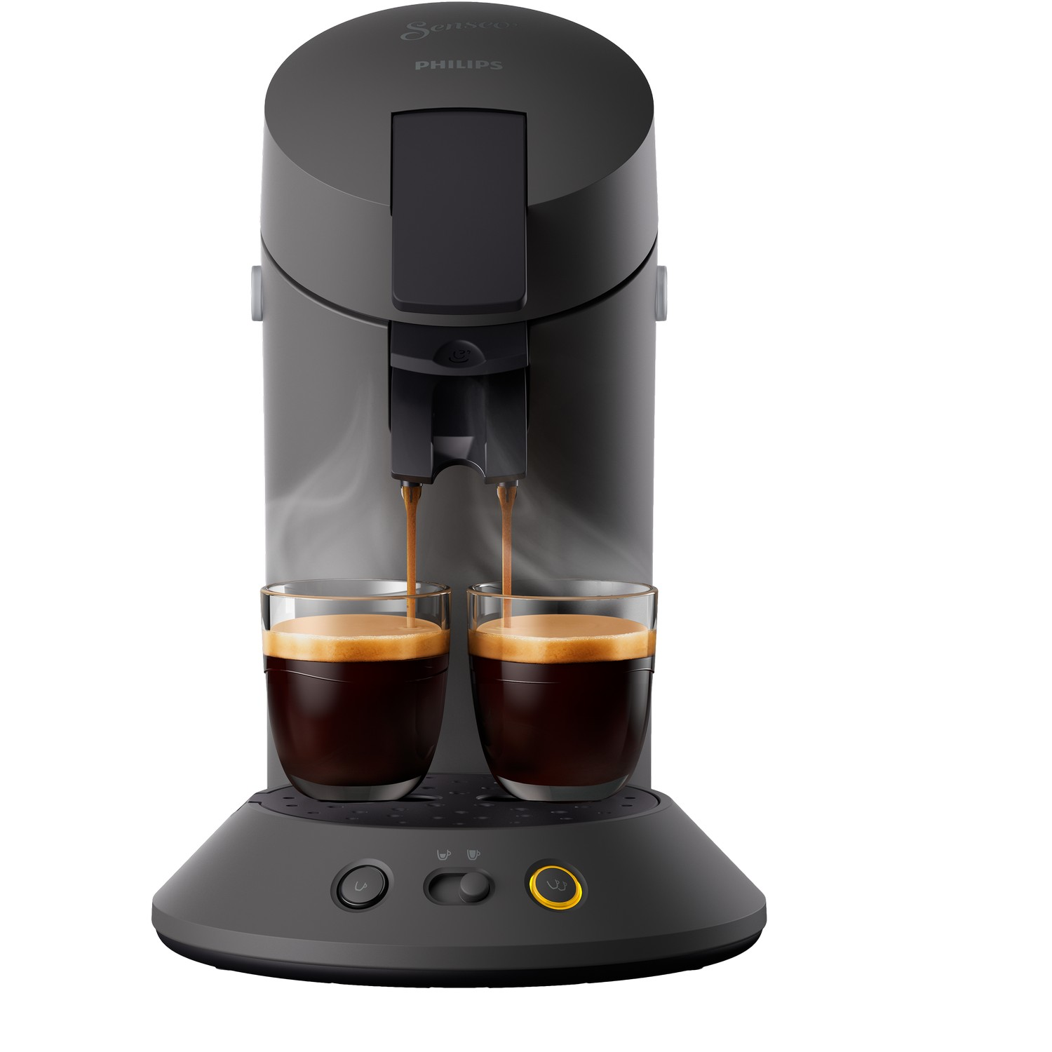 A dark gray Philips Senseo coffee machine dispensing coffee into two clear glass cups. Steam rises from the coffee.