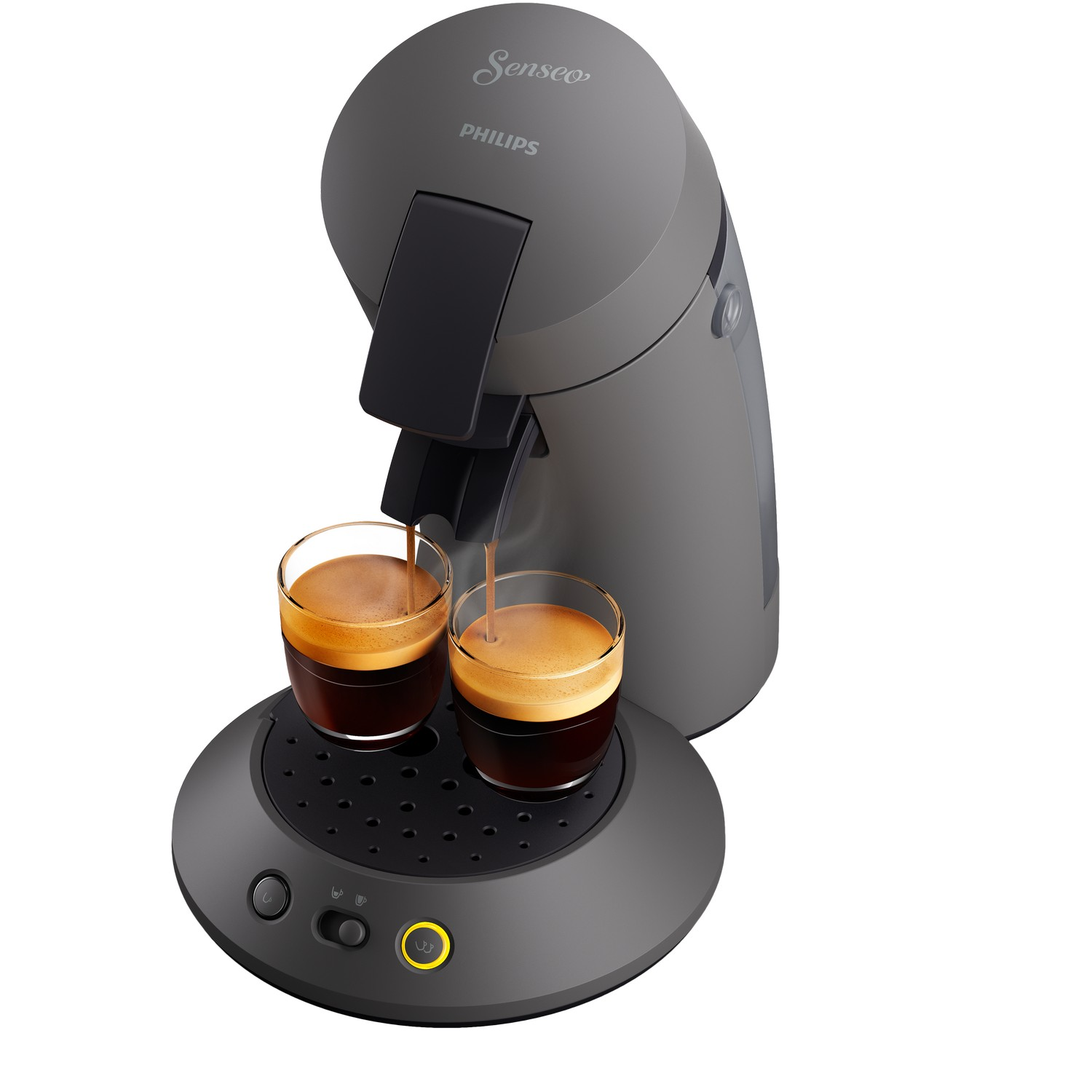 A gray Senseo coffee machine brewing coffee into two glass cups. The machine has Philips branding and a yellow button.