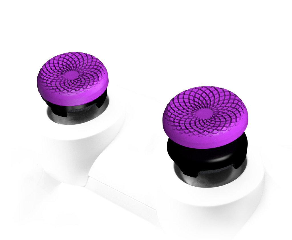 Zwei violette Thumbsticks für Gaming-Controller auf weißer Basis.