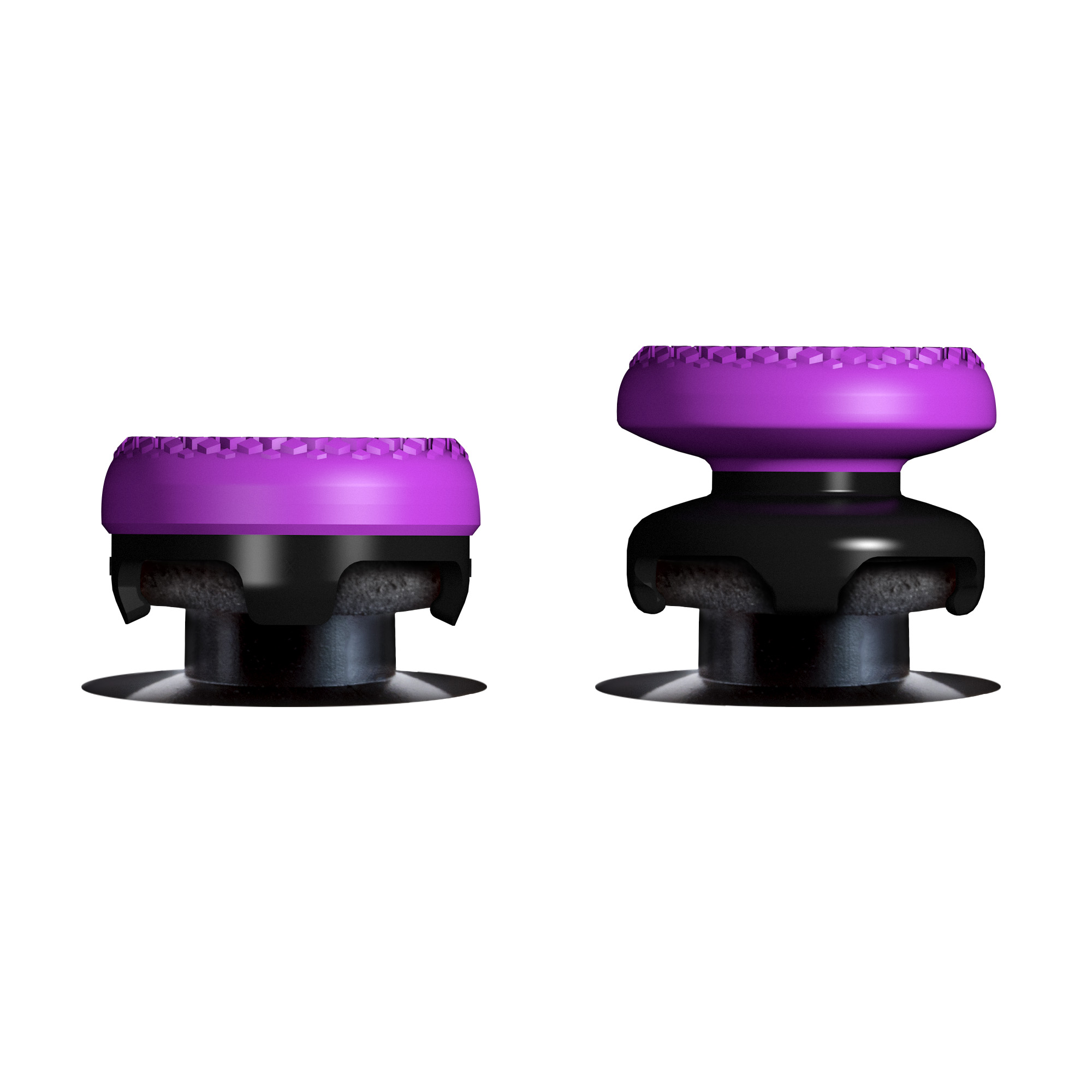 Zwei lilafarbene Joystick-Daumengriffe. Schwarze Basis mit strukturierter Oberseite.