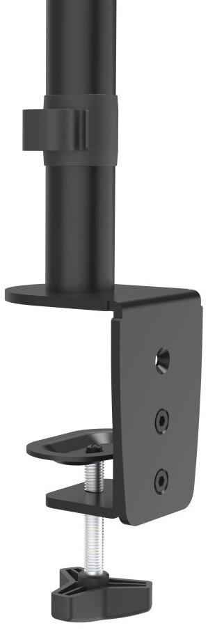 Czarny uchwyt do monitora z zaciskiem. Pionowy słupek z regulowanym ramieniem i podstawą zaciskową.